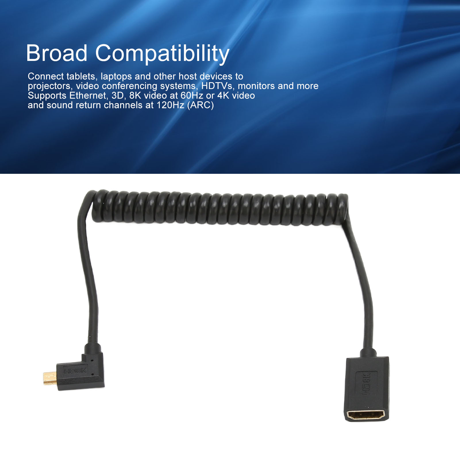 Ein schwarzes, gewendeltes HDMI-Kabel mit Anschlüssen an beiden Enden. Der Hintergrund ist weiß mit blauem Farbverlauf und Text.