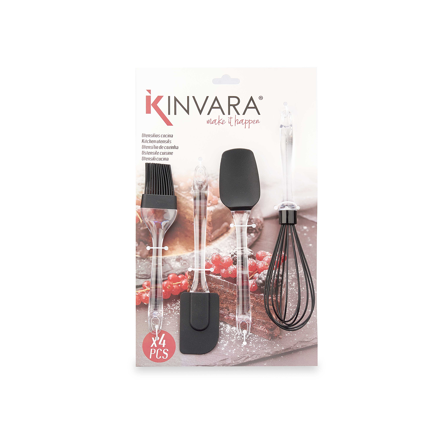 Un set di quattro utensili da cucina è esposto su una carta. Include un pennello, una spatola, una frusta e un cucchiaio.
