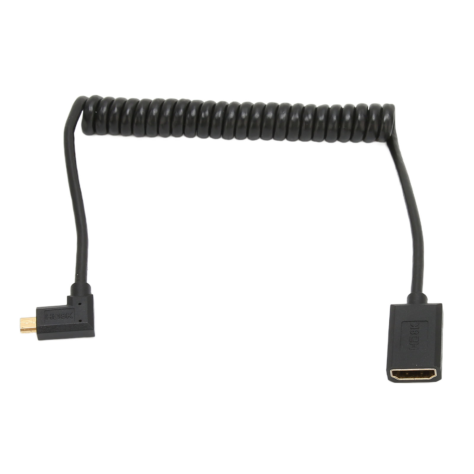 Schwarzes HDMI-Spiralkabel auf weißem Hintergrund. Anschlüsse an beiden Enden. Einer ist abgewinkelt, der andere gerade.