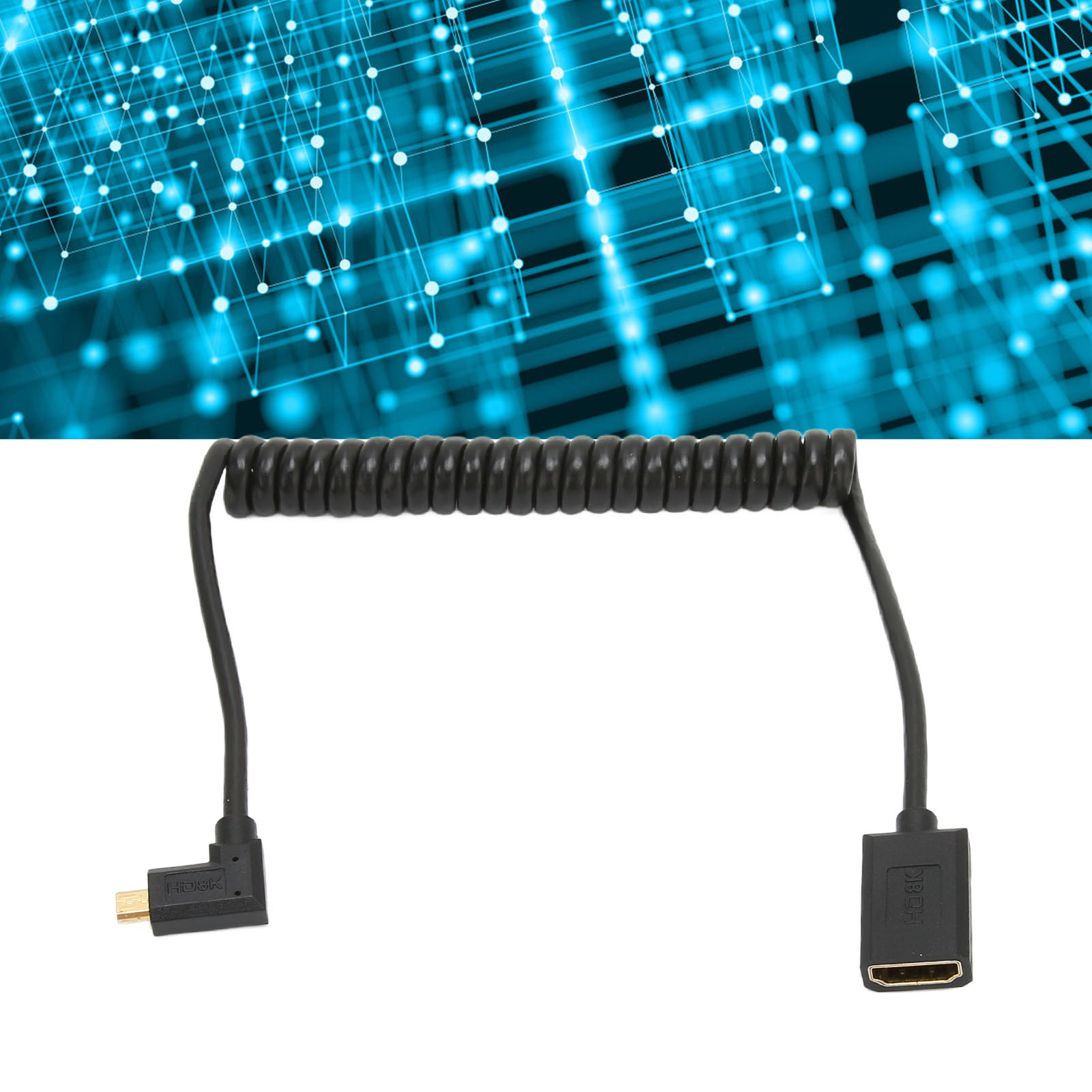 Ein schwarzes, spiralförmiges HDMI-Kabel mit Anschlüssen an beiden Enden. Der Hintergrund hat ein blaues, netzwerkartiges Design.