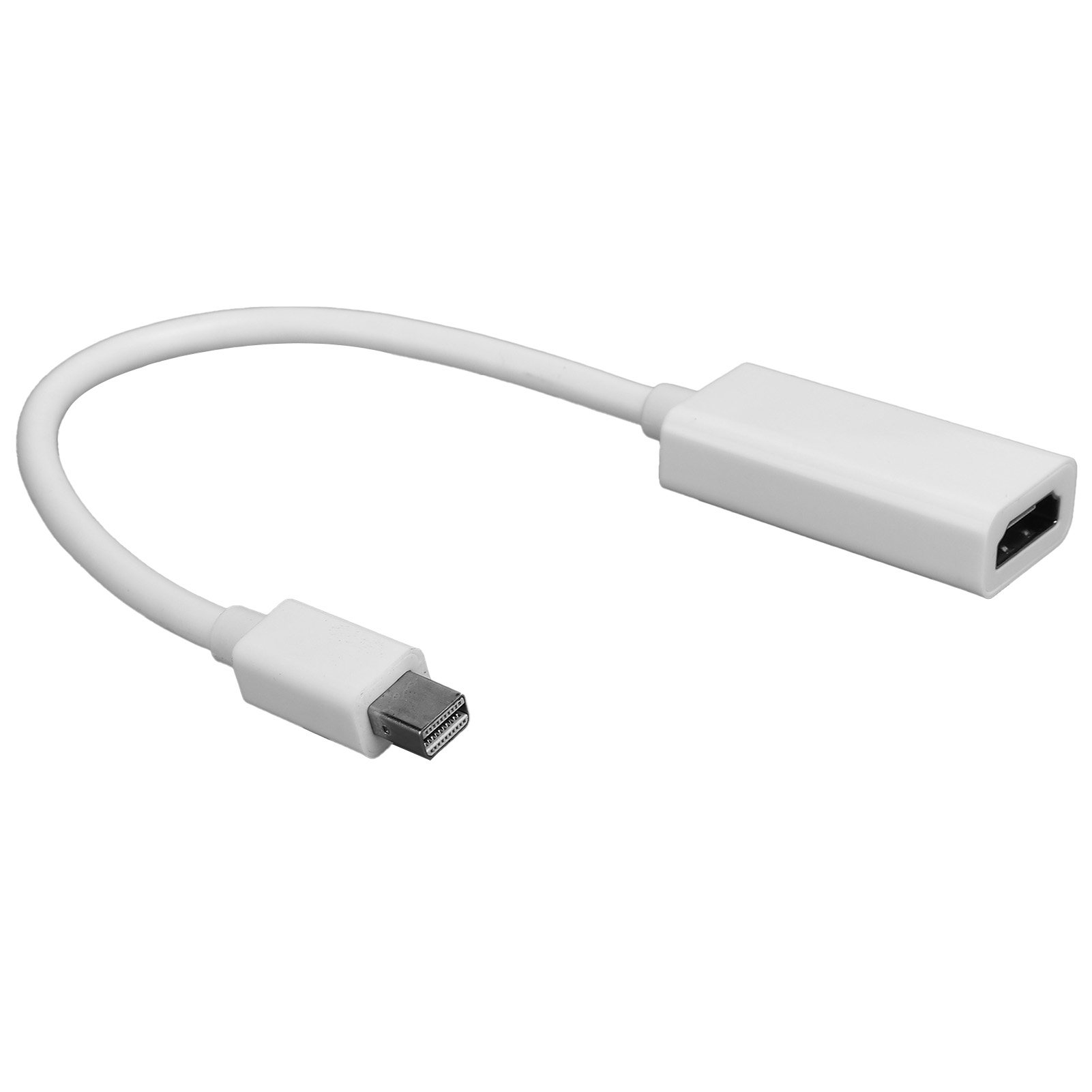 Weißes Mini-DisplayPort-zu-HDMI-Adapterkabel. Es hat einen Mini-DisplayPort-Anschluss und einen HDMI-Anschluss.