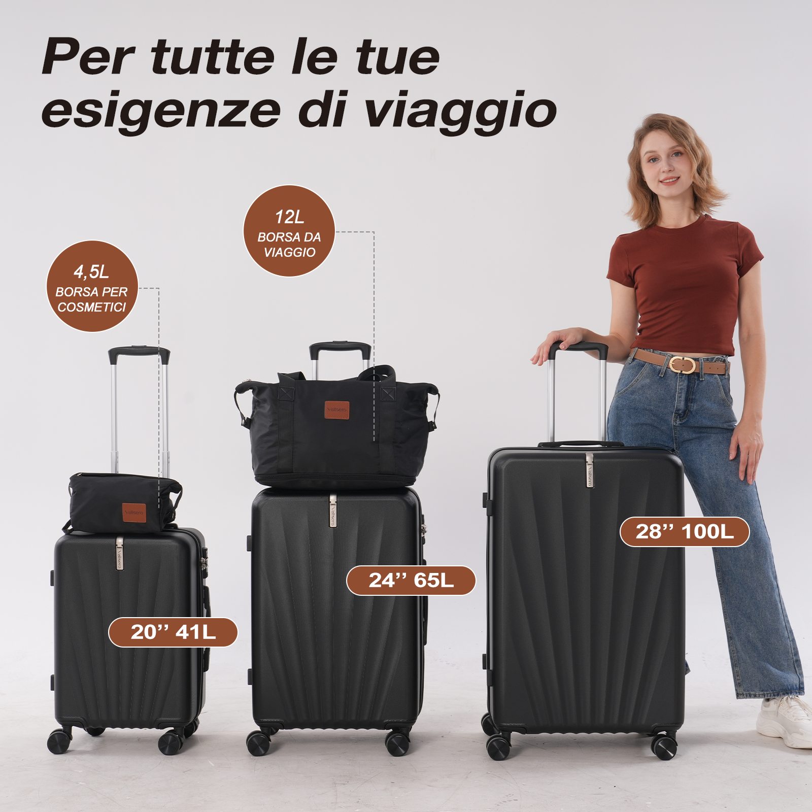 Una donna è in piedi accanto a tre valigie nere di diverse dimensioni. Il testo dice: 'Per tutte le tue esigenze di viaggio'.