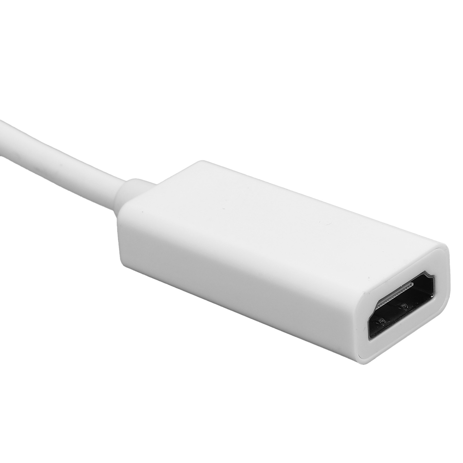 Ein weißer HDMI-Adapter mit angeschlossenem Kabel. Der Adapter hat einen schwarzen Anschluss.