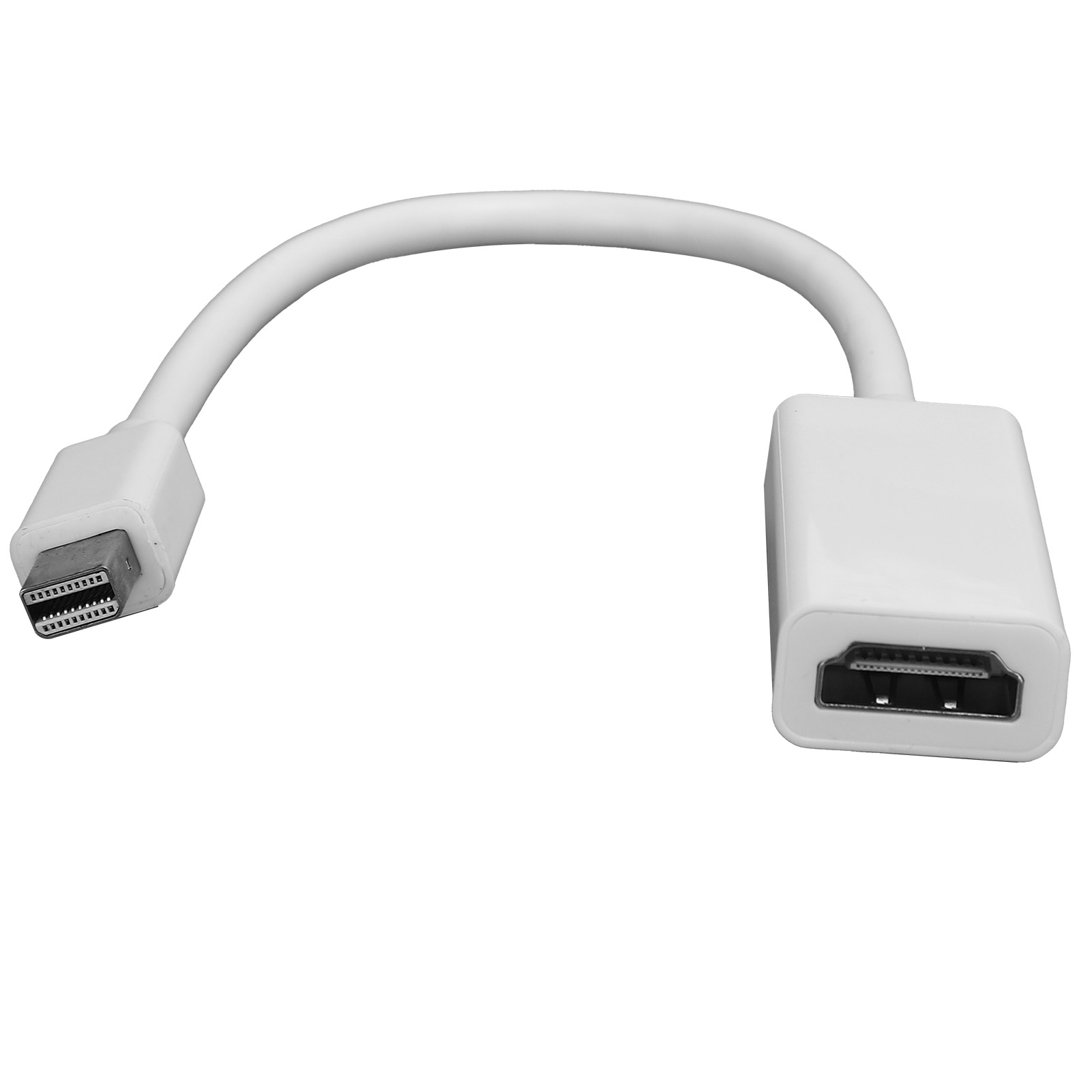 Ein weißes DisplayPort-zu-HDMI-Adapterkabel auf weißem Hintergrund. Es hat einen DisplayPort- und einen HDMI-Anschluss.