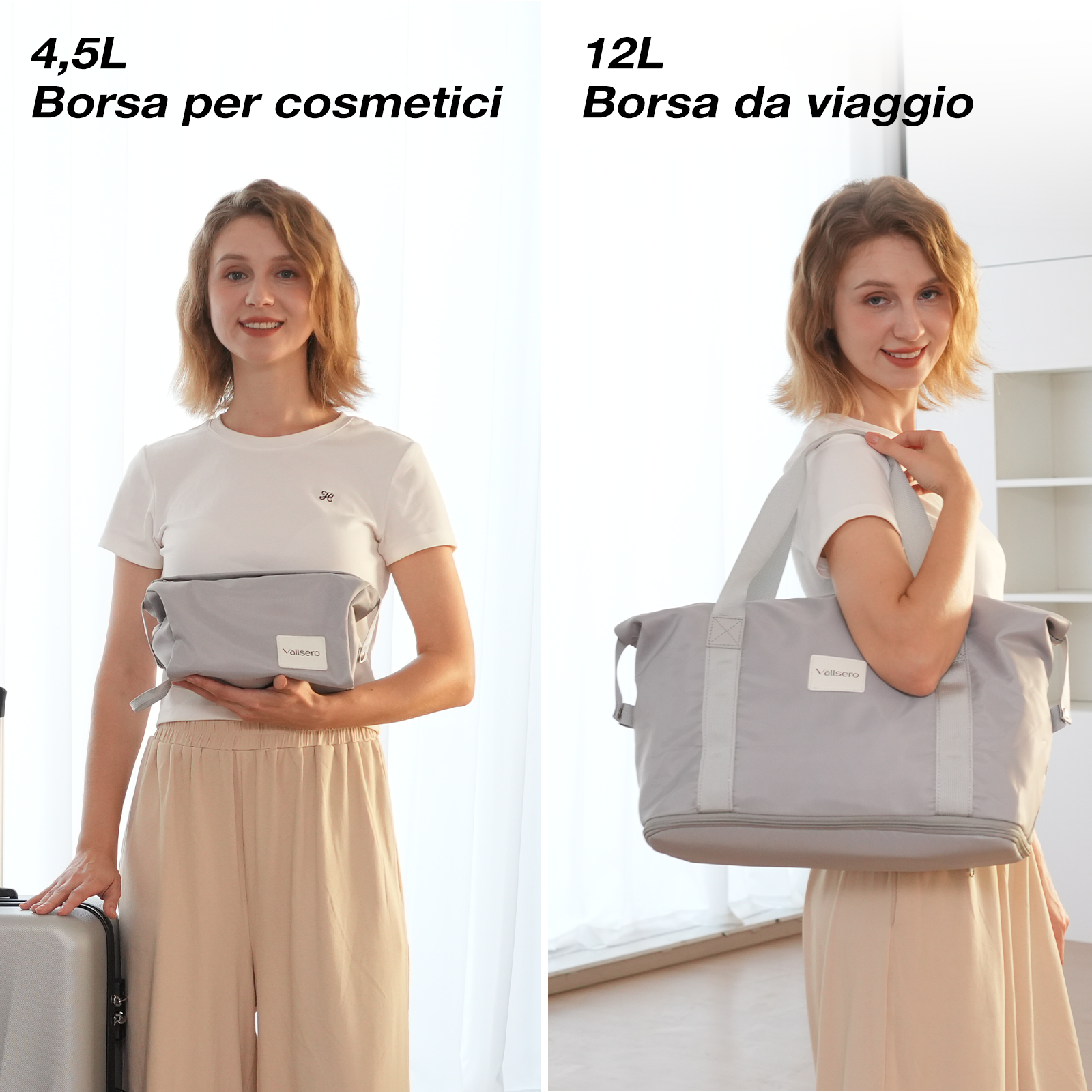 Donna con una trousse grigia e una borsa da viaggio. Entrambe le borse hanno il marchio 'Vellsero'.