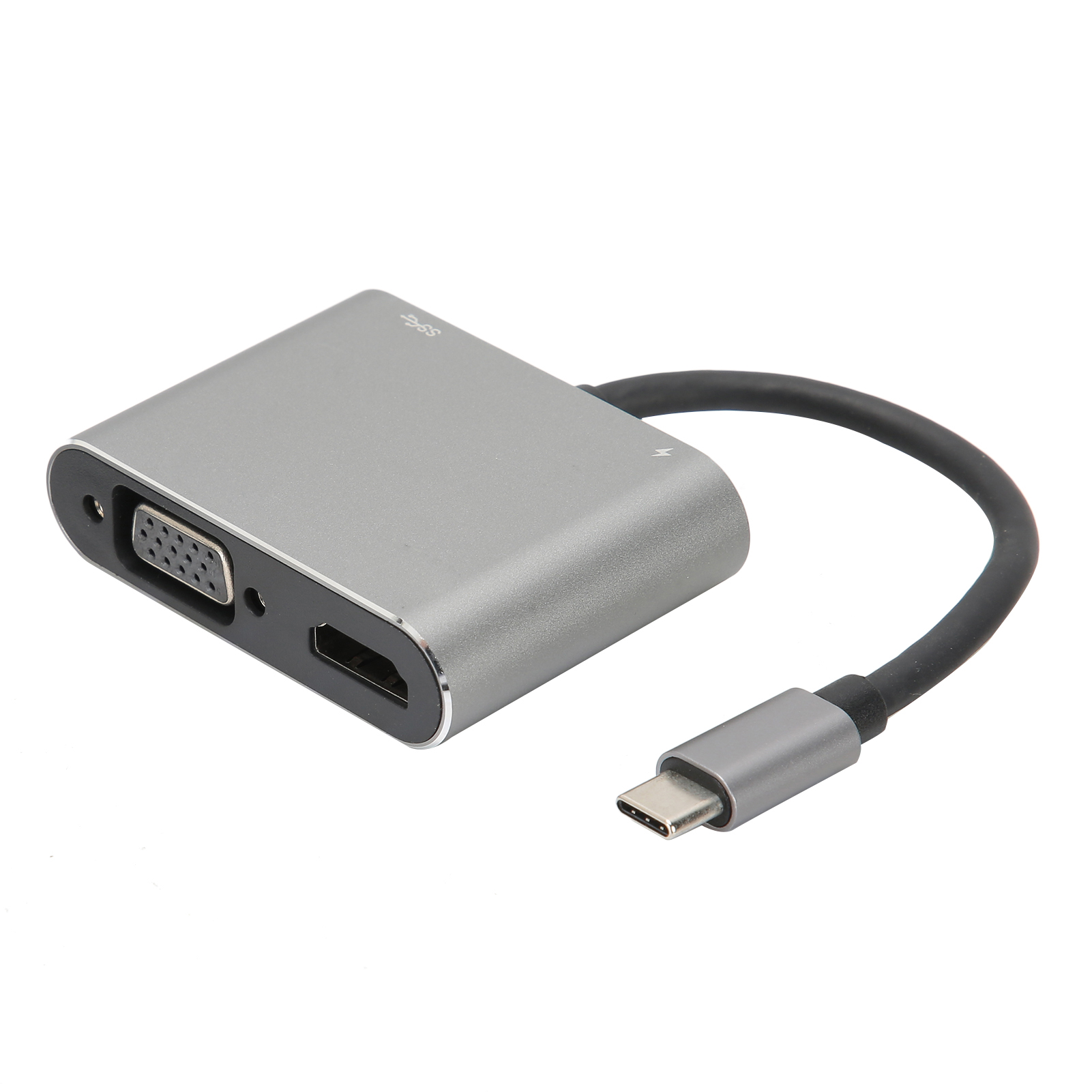Ein silberner Multiport-Adapter mit VGA-, HDMI-Anschlüssen und einem USB-C-Anschluss mit schwarzem Kabel auf weißem Hintergrund.