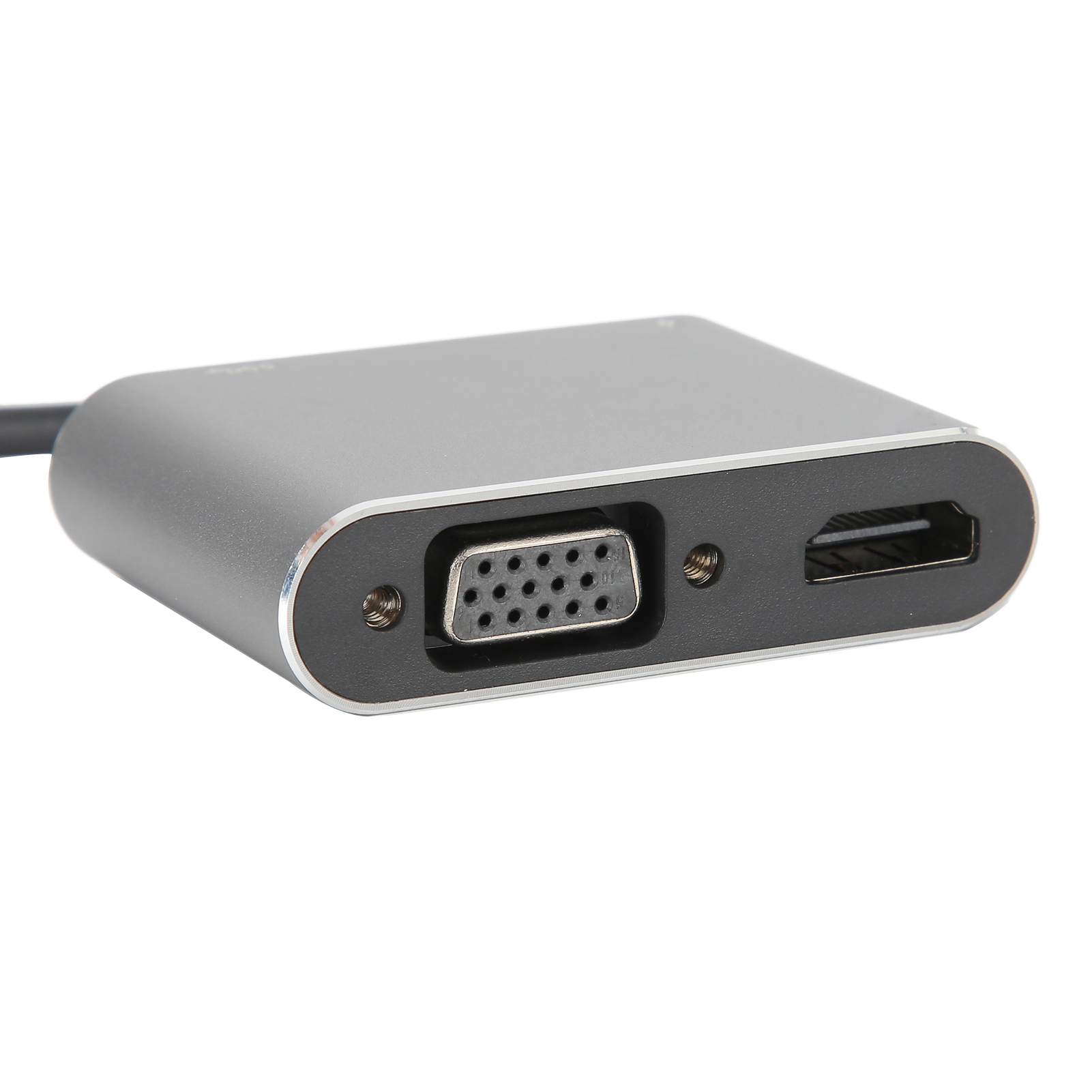 Silberner Adapter mit VGA- und HDMI-Anschlüssen. Ein schwarzes Kabel geht vom Adapter aus.