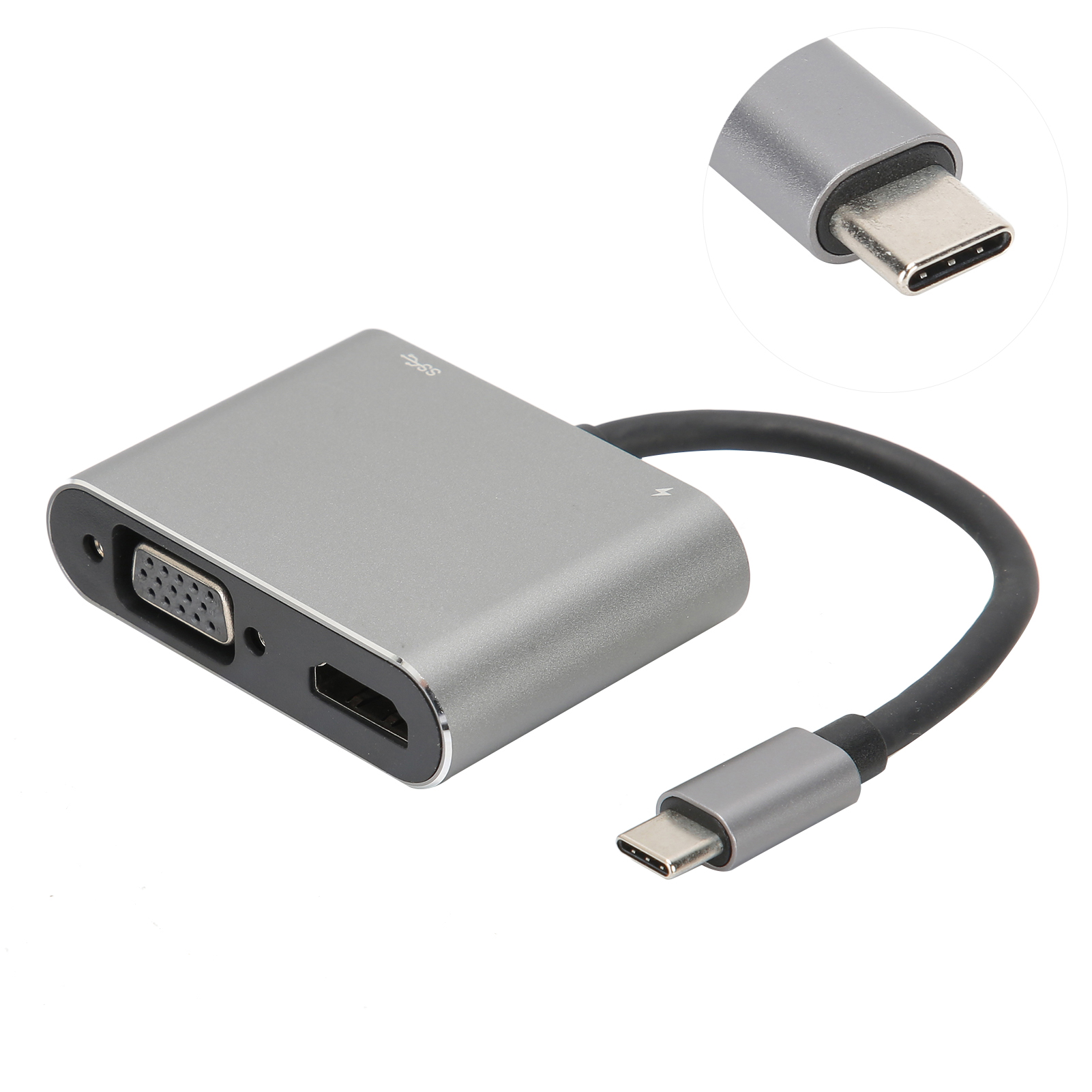 Ein silberner Multiport-Adapter mit schwarzem Kabel. Er hat einen USB-C-, HDMI- und VGA-Anschluss. Ein vergrößertes Bild von USB-C ist in der Ecke.
