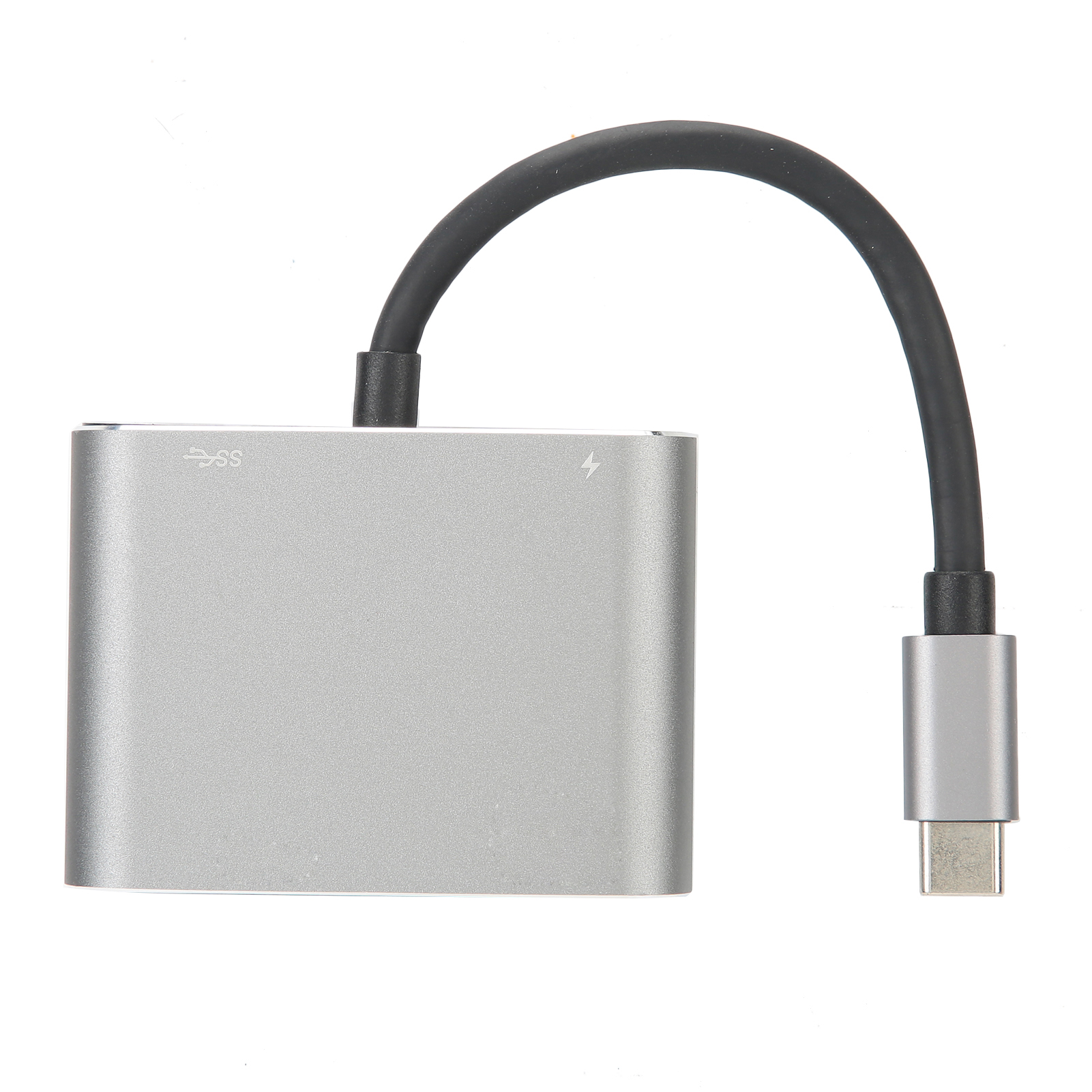 Ein silberner USB-C-Hub mit schwarzem Kabel und USB-C-Anschluss. Er befindet sich vor weißem Hintergrund.