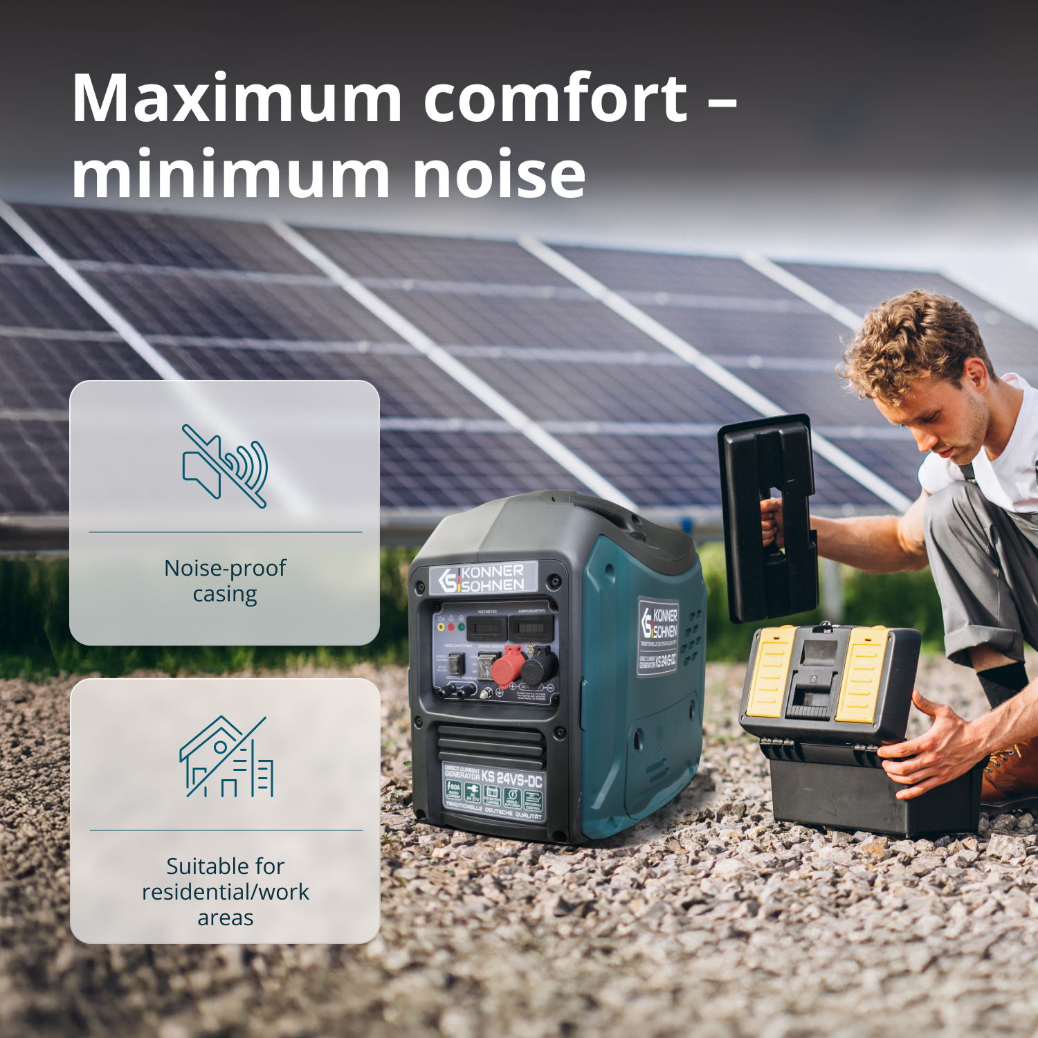 Mężczyzna otwiera skrzynkę z narzędziami obok agregatu. W tle panele słoneczne. Tekst: maksymalny komfort, minimalny hałas.