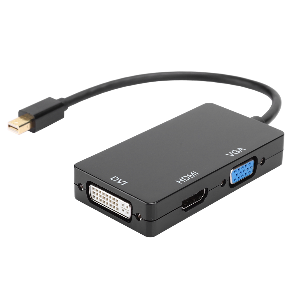 Ein schwarzer Adapter mit DVI-, HDMI- und VGA-Anschlüssen, verbunden mit einem schwarzen Kabel mit Mini-DisplayPort-Anschluss.