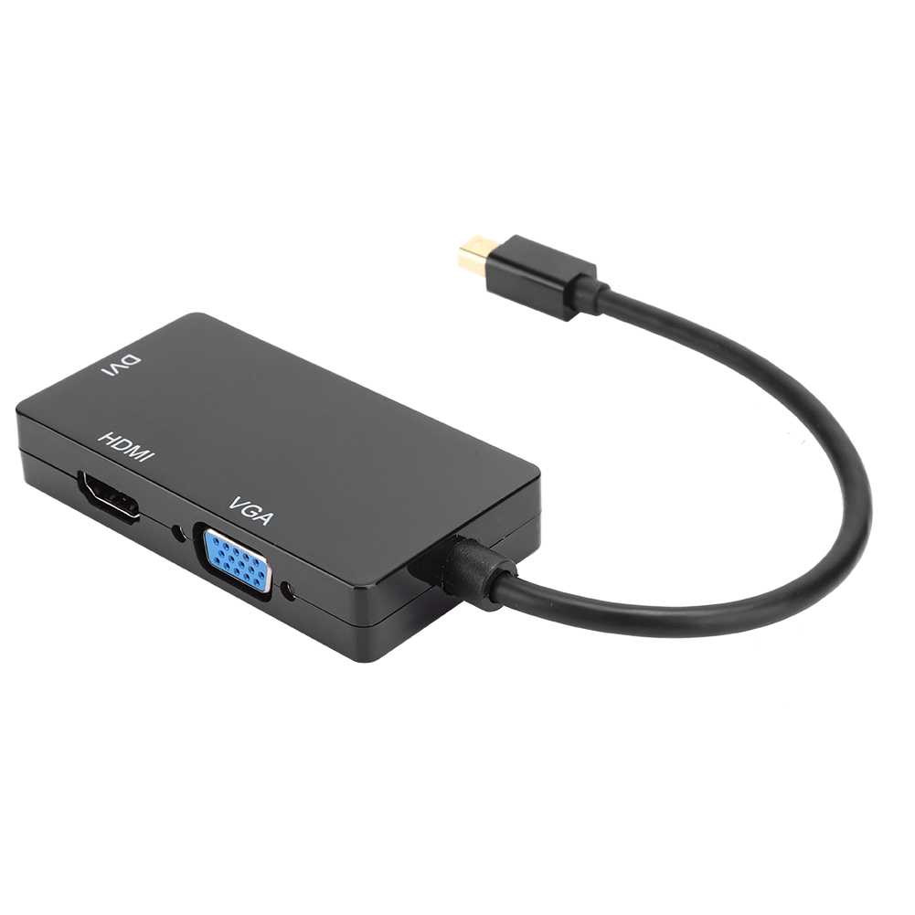 Ein schwarzer Adapter mit HDMI-, DVI- und VGA-Anschlüssen. Es hat ein Kabel mit einem Stecker an einem Ende und ein schwarzes Gehäuse.