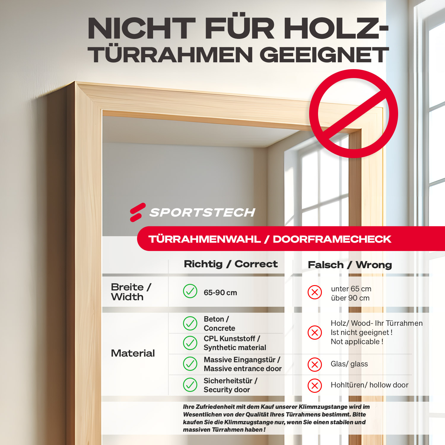 Das Bild zeigt einen Türrahmen mit Text, der besagt, dass er nicht für Holzrahmen geeignet ist. Es hat einen 'richtigen' und 'falschen' Abschnitt.