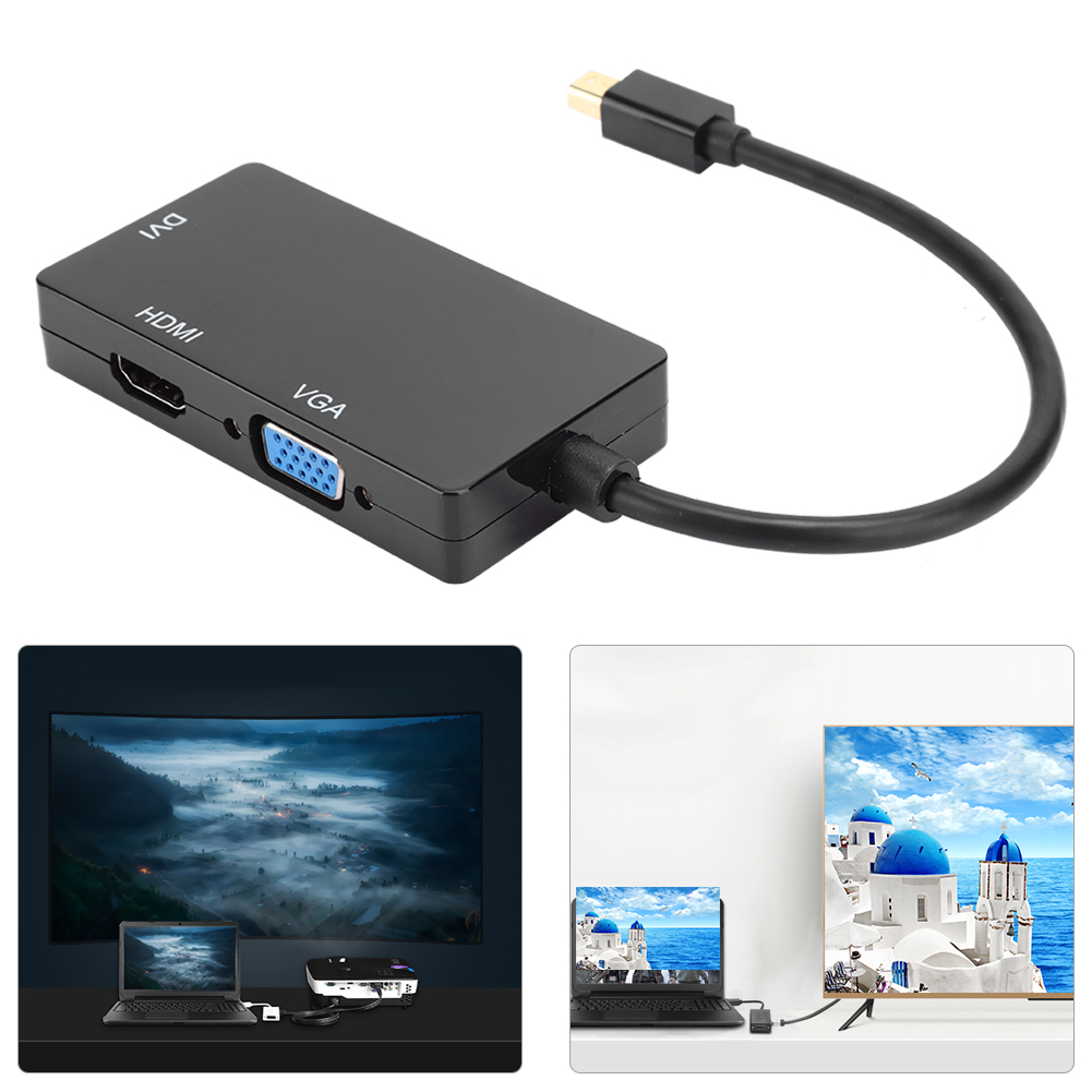 Schwarzer Adapter mit HDMI-, VGA- und DVI-Anschlüssen, verbunden mit einem Kabel. Zwei Laptops und ein Projektor sind ebenfalls im Bild.