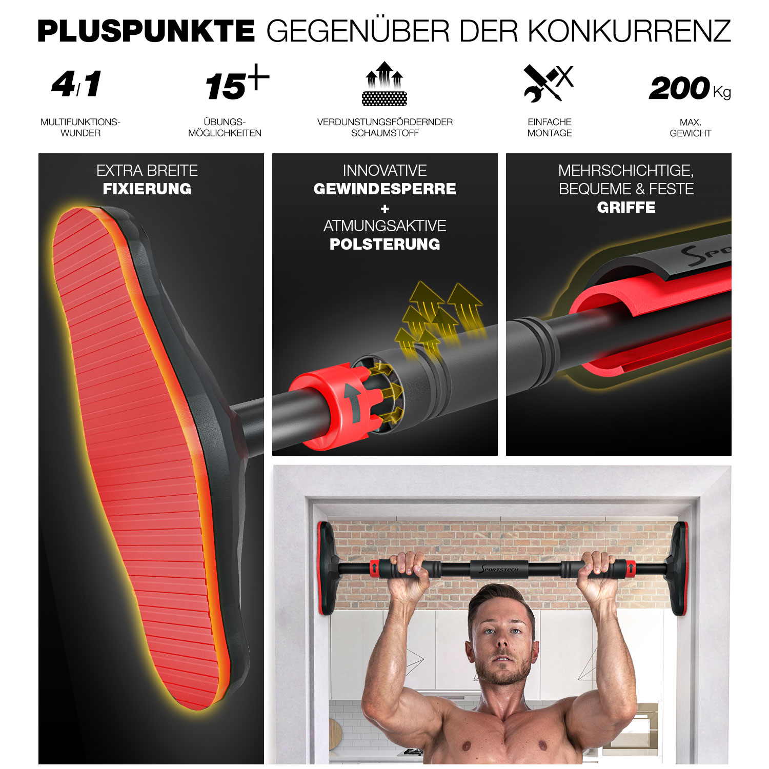Ein Mann macht Klimmzüge an einer schwarzen Stange. Die Stange hat rote Griffe und ist in einer Tür montiert. Verschiedene Produktmerkmale werden gezeigt.