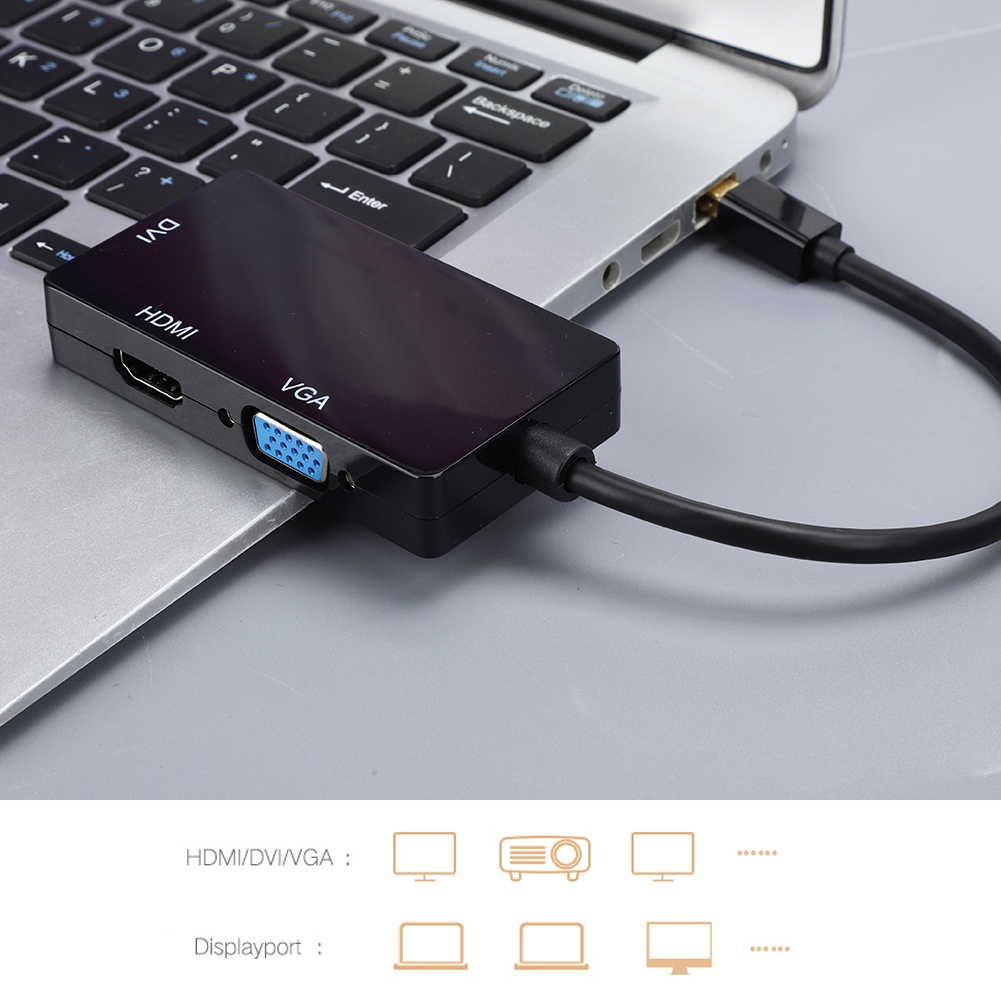 Schwarzer HDMI-zu-VGA-Adapter, der an einen Laptop angeschlossen ist. Der Adapter befindet sich auf dem Laptop und verfügt über HDMI-, VGA- und DVI-Anschlüsse.