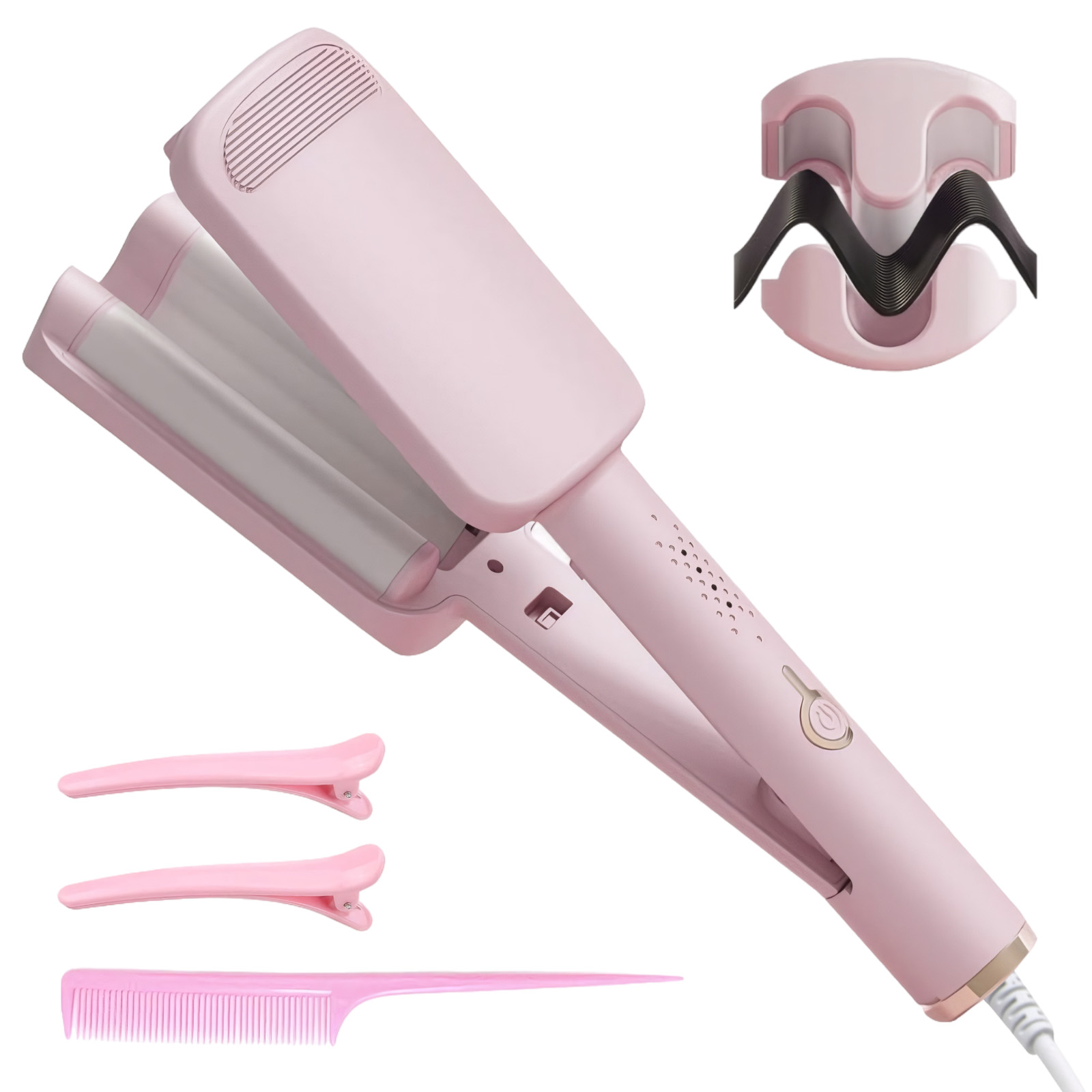 Ein pinkfarbenes Kreppeisen mit Zubehör, darunter Haarspangen und ein Kamm, vor weißem Hintergrund.
