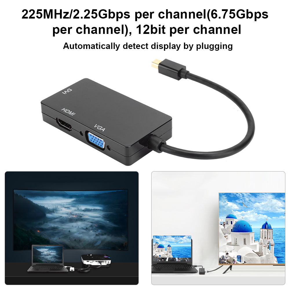 Schwarzer Adapter mit HDMI-, DVI- und VGA-Anschlüssen, verbunden mit einem Kabel. Displays zeigen Bilder von einem Laptop.