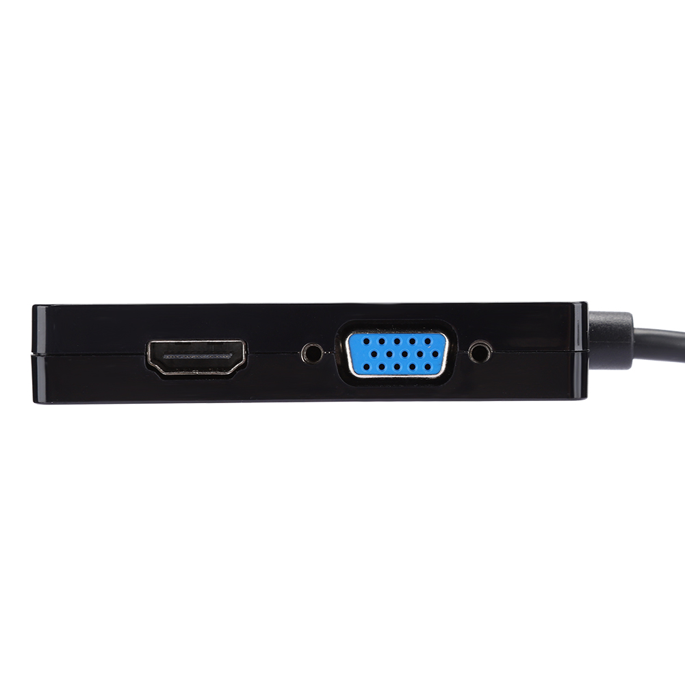 Schwarzer Adapter mit HDMI-, VGA- und Audioanschlüssen. Ein schwarzes Kabel erstreckt sich von der rechten Seite, weißer Hintergrund.