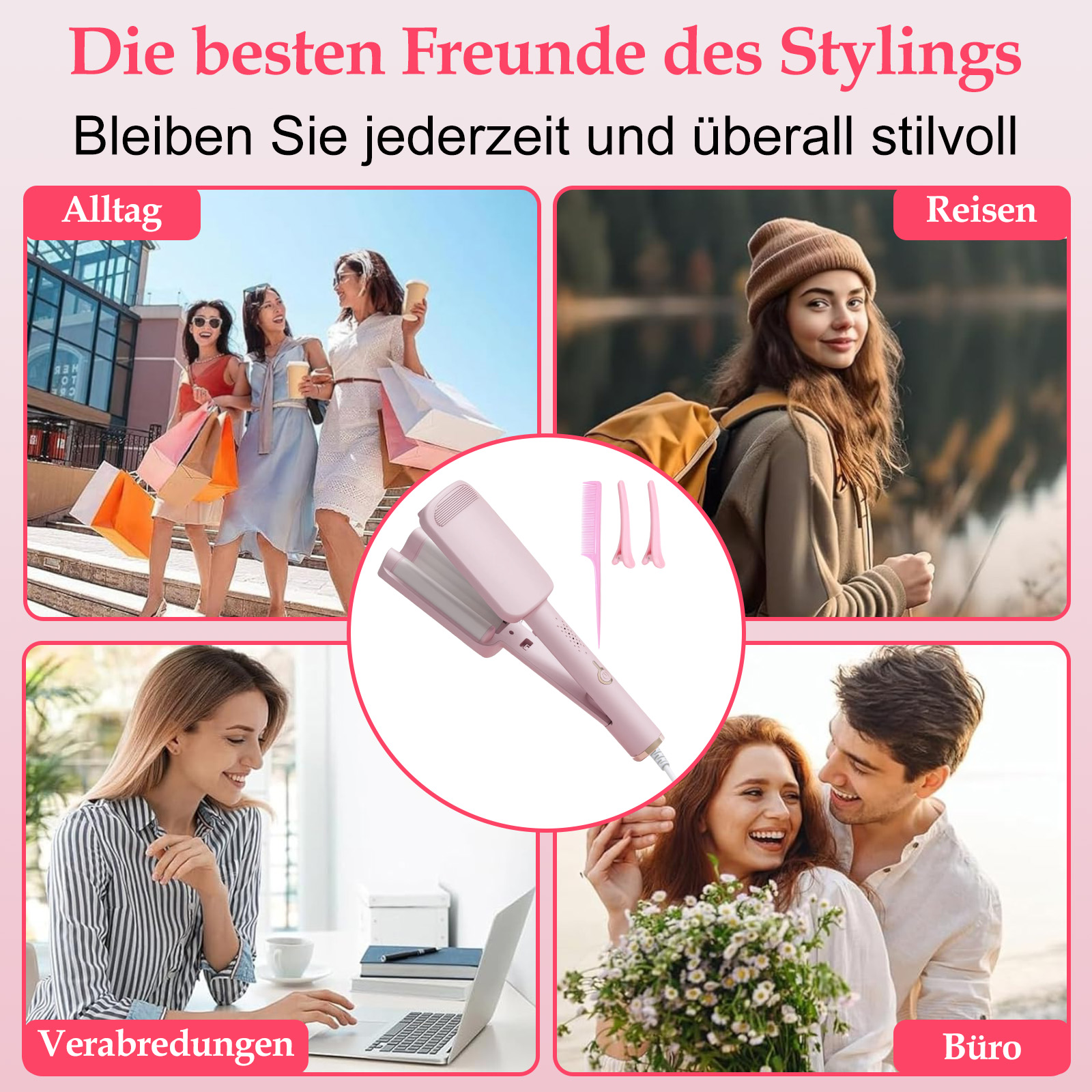 Das Bild zeigt vier Szenen: Einkaufen, Reisen, Arbeiten und ein Paar mit Blumen. In der Mitte befindet sich ein rosa Haarstyling-Werkzeug.