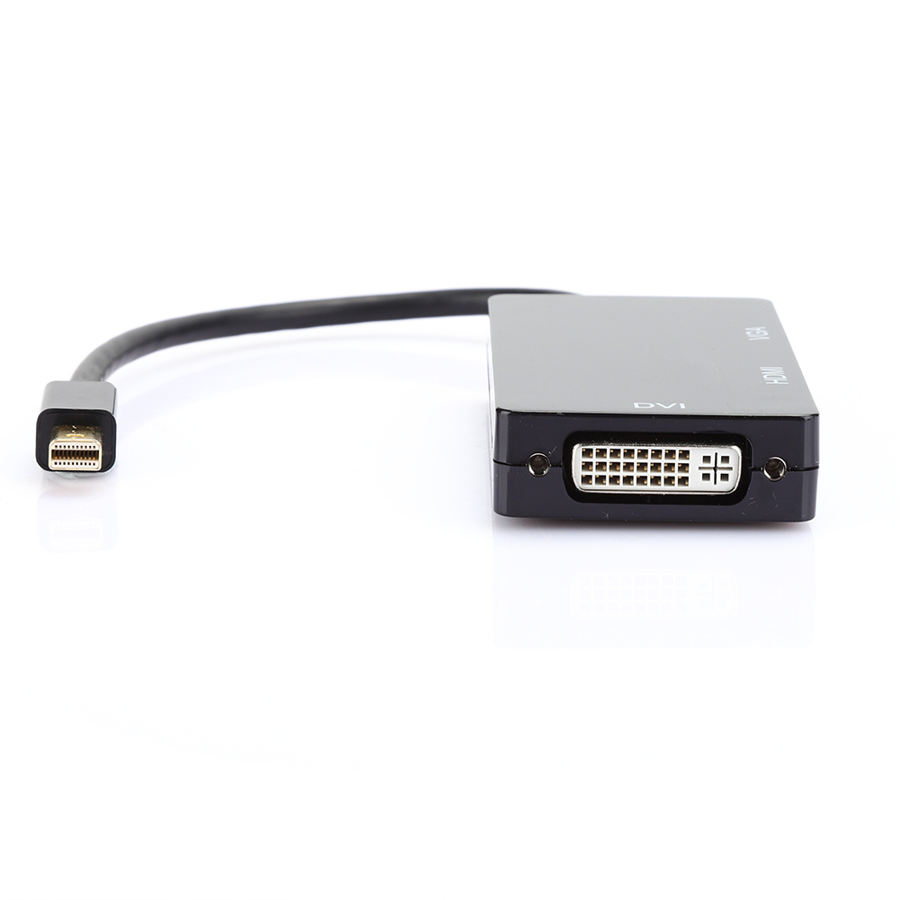 Schwarzer Adapter mit DVI-, HDMI- und VGA-Anschlüssen, verbunden mit einem Mini-DisplayPort-Kabel. Weißer Hintergrund.