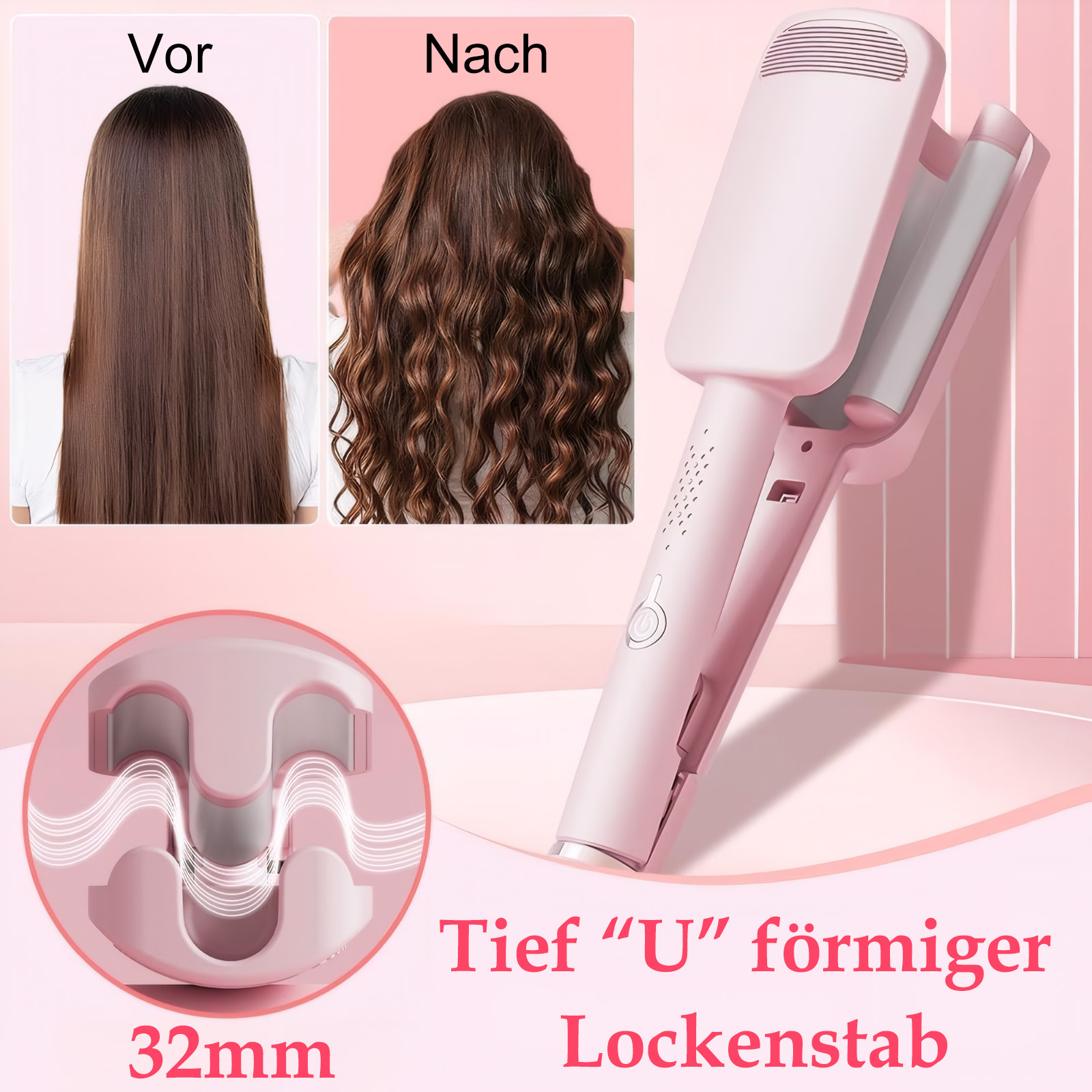 Das Bild zeigt das Haar vor und nach dem Locken, mit einem rosa Lockenstab. Eine Nahaufnahme des U-förmigen Designs des Lockenstabs wird ebenfalls gezeigt.