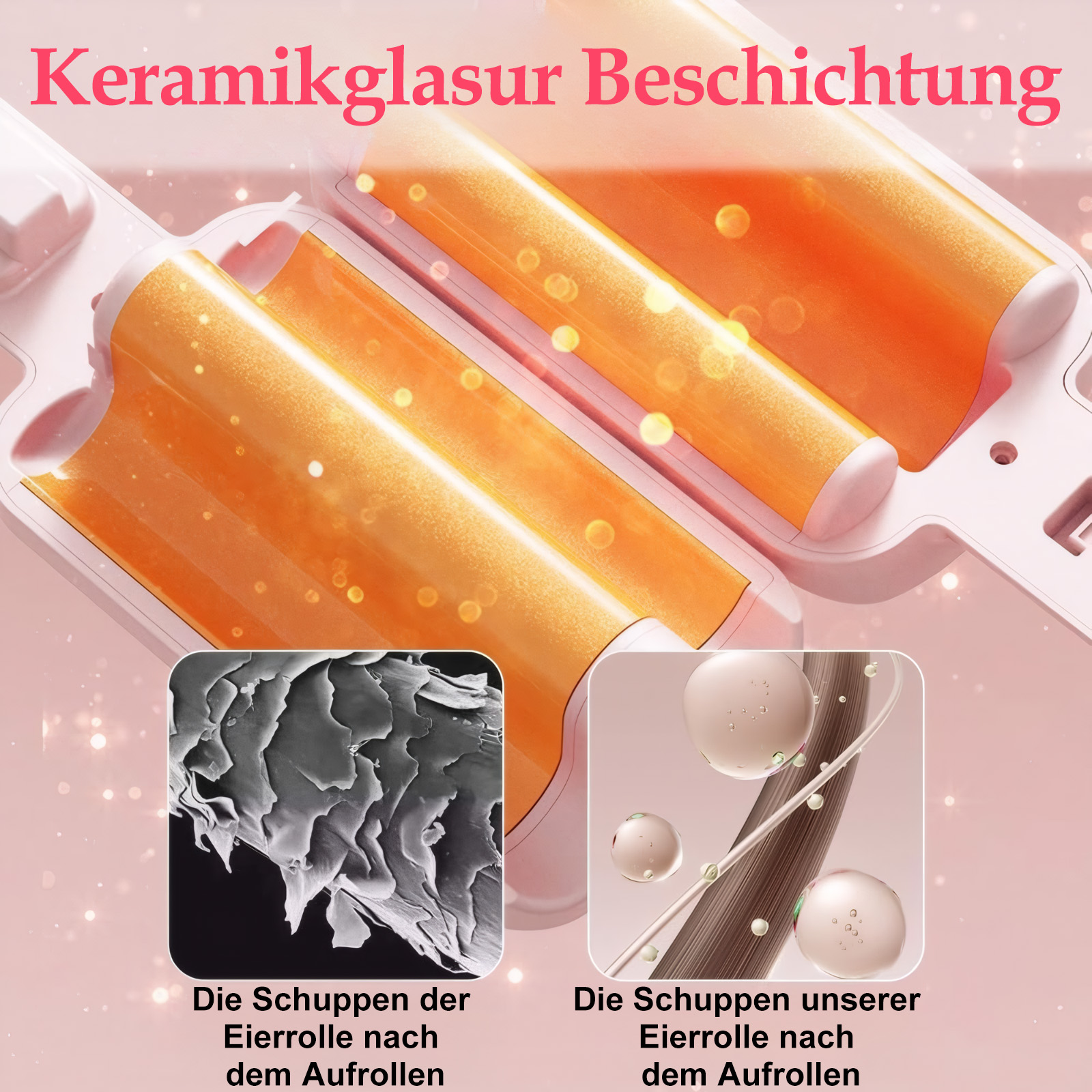 Das Bild zeigt Nahaufnahmen von Haaren und Lockenstäben. Text auf Deutsch beschreibt den Prozess und die Ergebnisse.