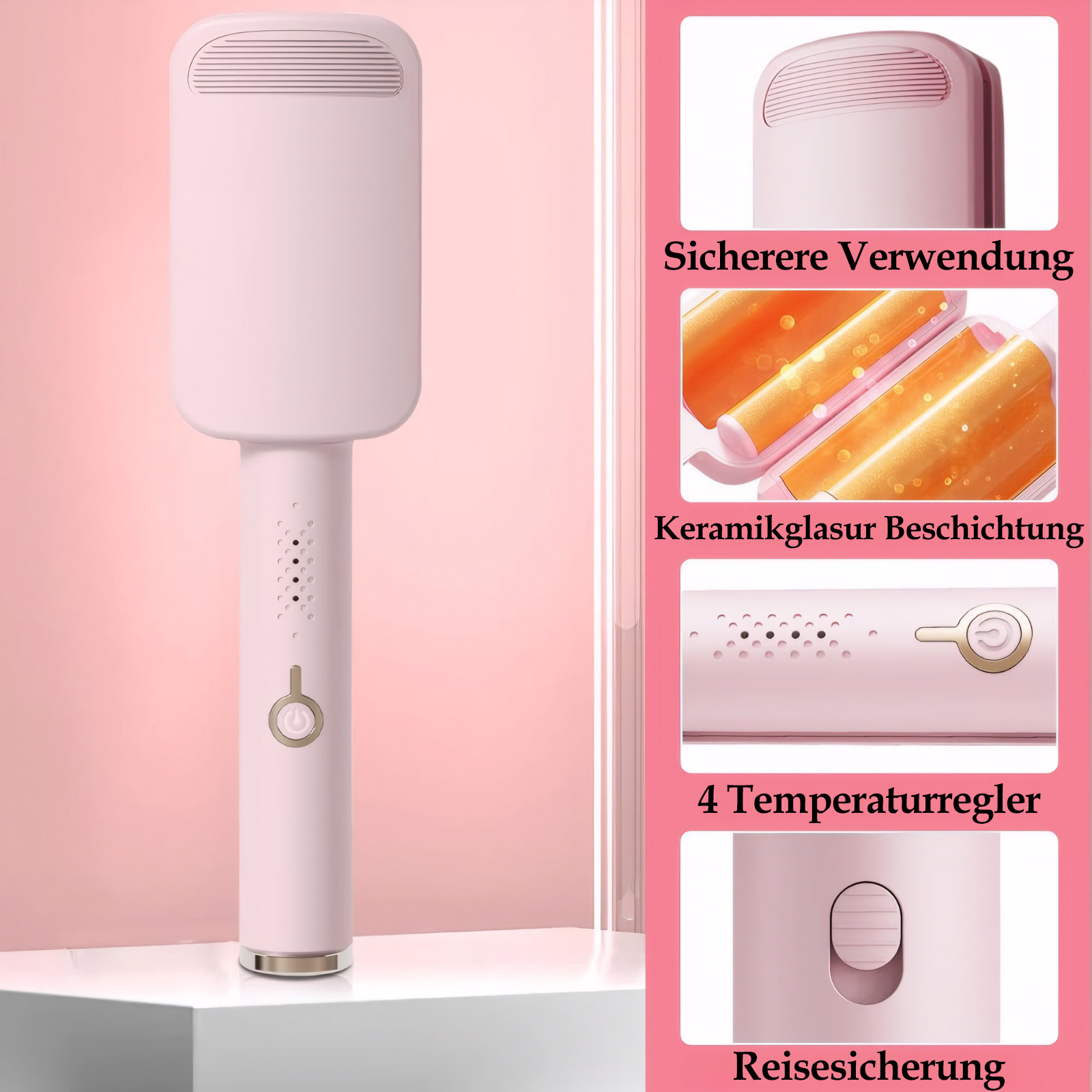 Ein rosa Haarglätter. Details zeigen sicherere Verwendung, Keramikbeschichtung, 4 Temperatureinstellungen und Reisesicherung.