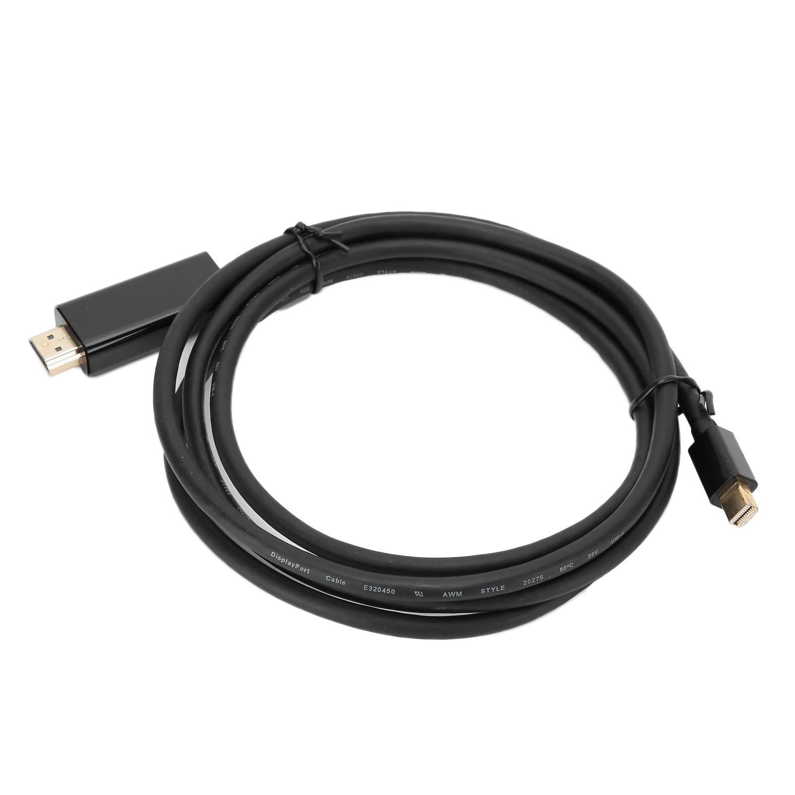 Ein schwarzes DisplayPort-Kabel auf weißem Hintergrund. Das Kabel hat Anschlüsse an beiden Enden.
