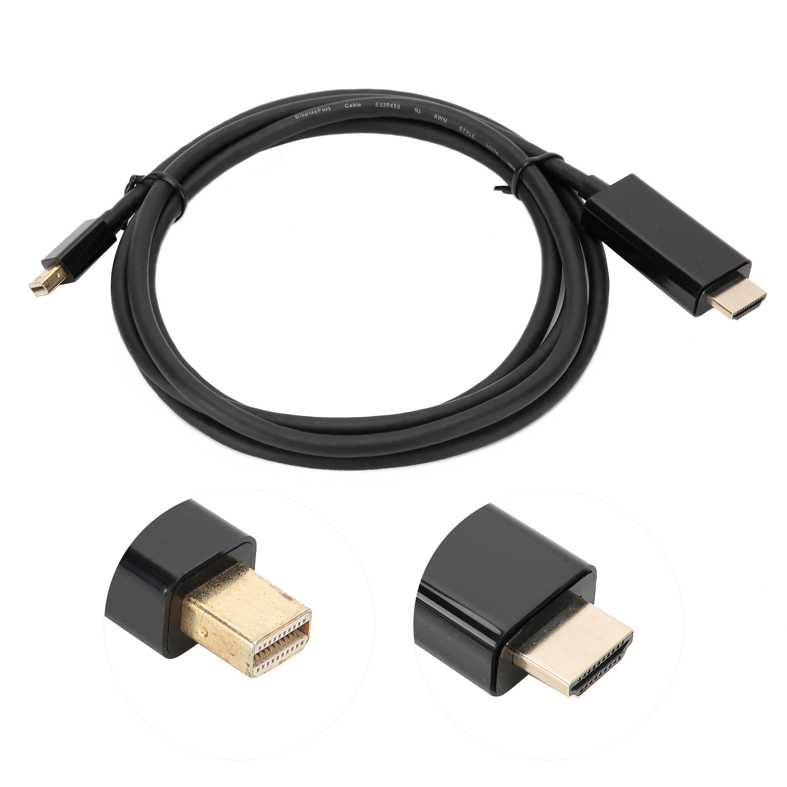 Schwarzes DisplayPort-zu-HDMI-Kabel. Nahaufnahmen der Anschlüsse zeigen goldene Kontakte. Weißer Hintergrund.