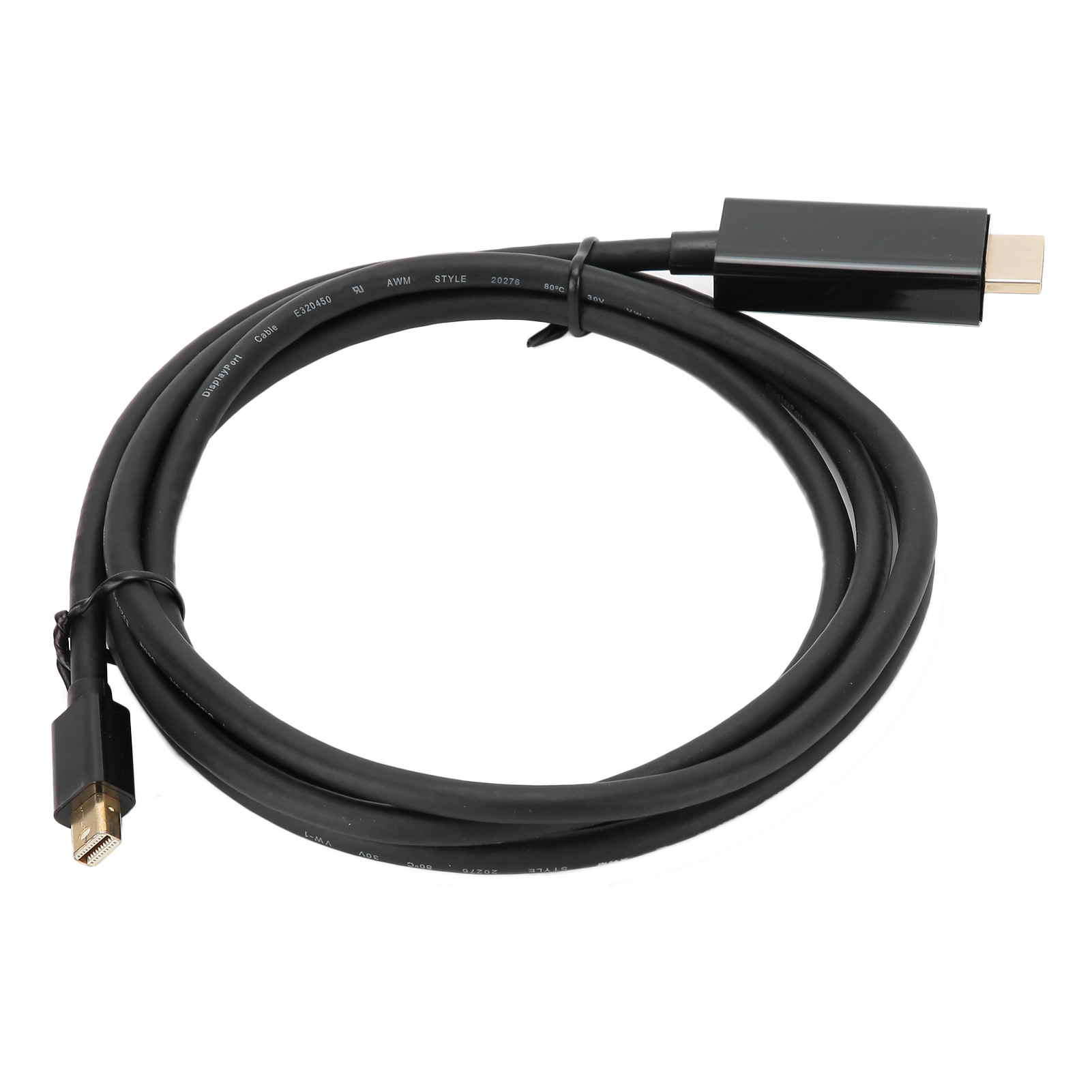 Ein schwarzes DisplayPort-Kabel auf weißem Hintergrund. Es hat an jedem Ende zwei verschiedene Anschlüsse.