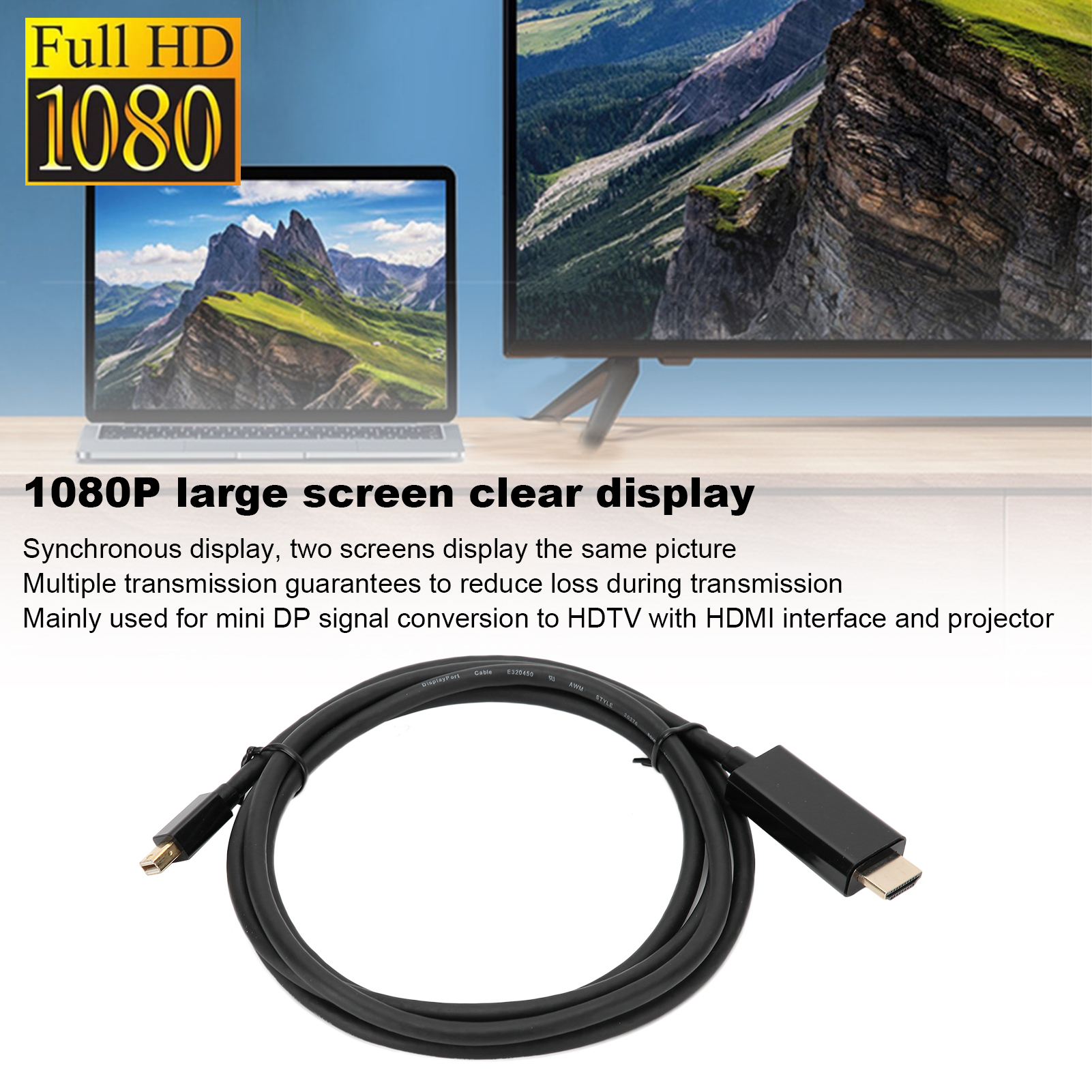 Das Bild zeigt ein schwarzes Kabel mit Anschlüssen. Ein Laptop und ein Fernseher sind im Hintergrund. Text: Full HD 1080 und 1080P großer Bildschirm.