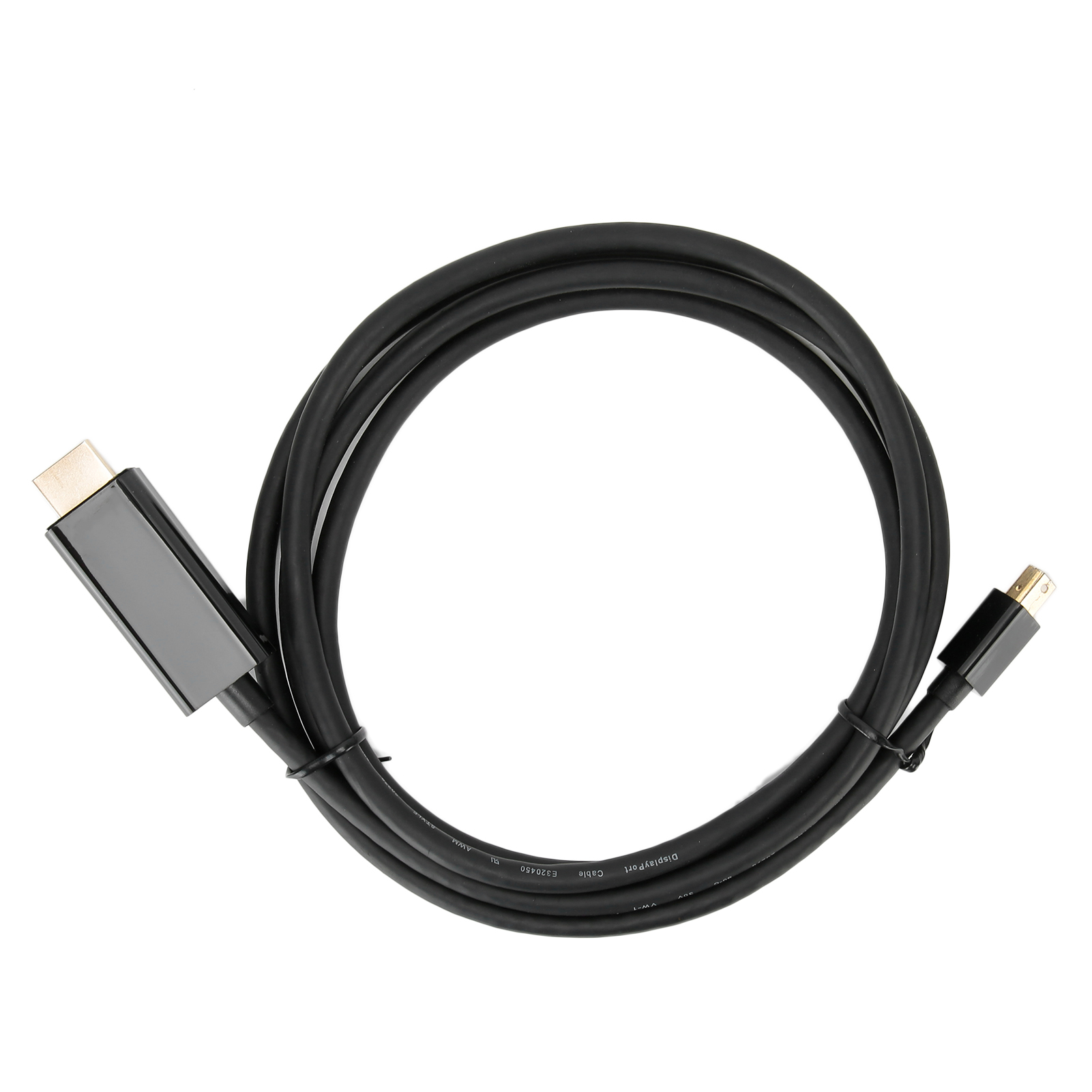 Ein schwarzes DisplayPort-Kabel ist auf weißem Hintergrund aufgerollt. An beiden Enden befinden sich Anschlüsse. Das Kabel ist beschriftet.