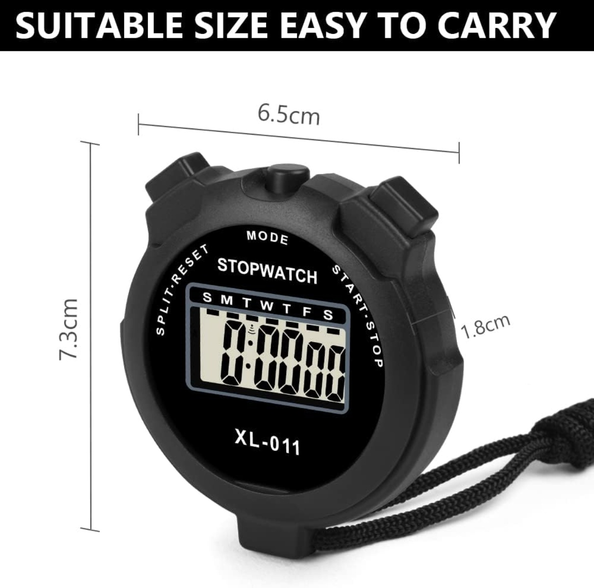 Eine schwarze Stoppuhr mit beschrifteten Abmessungen, die 0:00:00 anzeigt. Sie hat Tasten für Split/Reset und Start/Stopp, mit einem Lanyard.