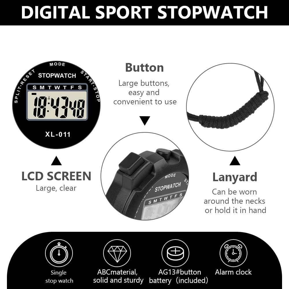 Digitale Sport-Stoppuhr. Merkmale umfassen große Tasten, LCD-Bildschirm und ein Schlüsselband. Enthält Einzel-Stoppuhr und Wecker.