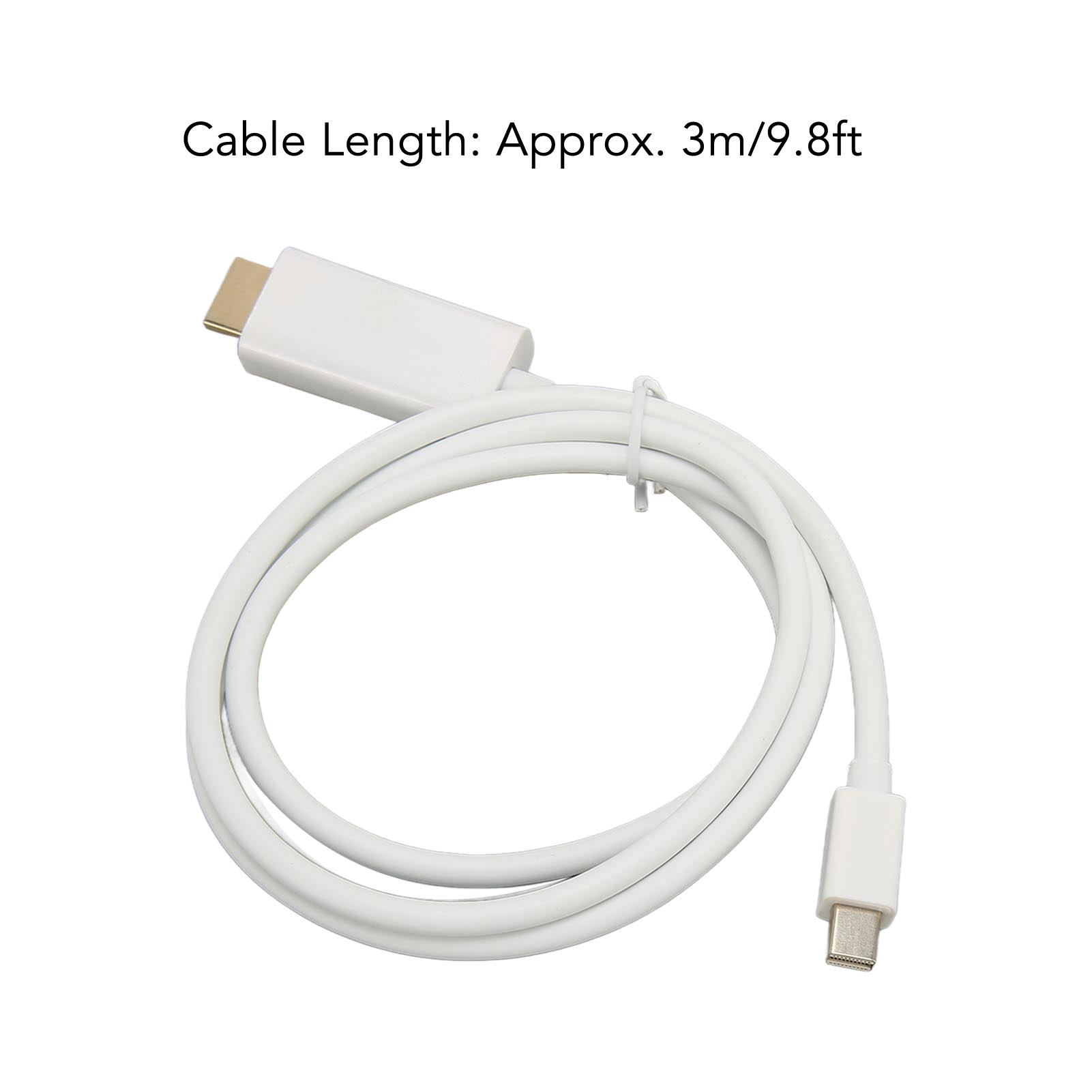 Ein weißes Kabel mit goldfarbenen Steckern. Es ist aufgerollt, mit dem Text 'Kabellänge: Ca. 3m/9.8ft' oben.