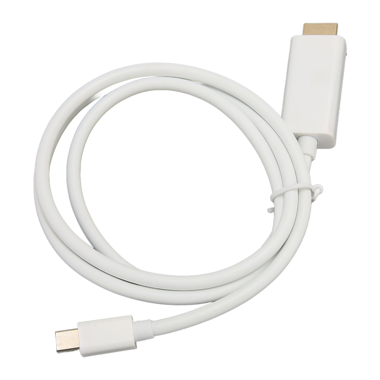 Weißes USB-C-zu-HDMI-Kabel auf weißem Hintergrund. Das Kabel ist aufgerollt, Stecker an beiden Enden sichtbar.