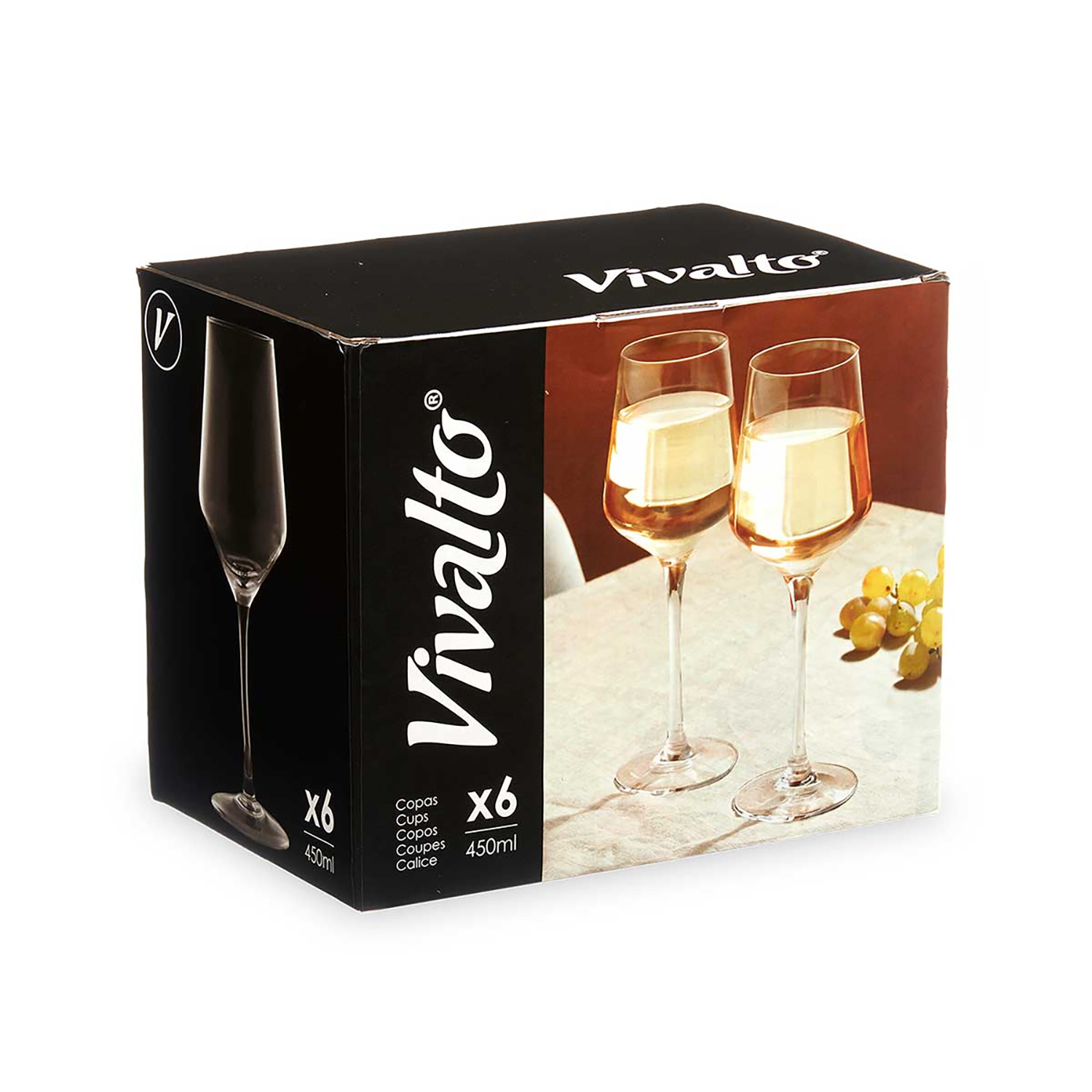Una scatola di bicchieri Vivalto. La scatola mostra immagini di bicchieri con vino, un singolo bicchiere ed etichette di testo.