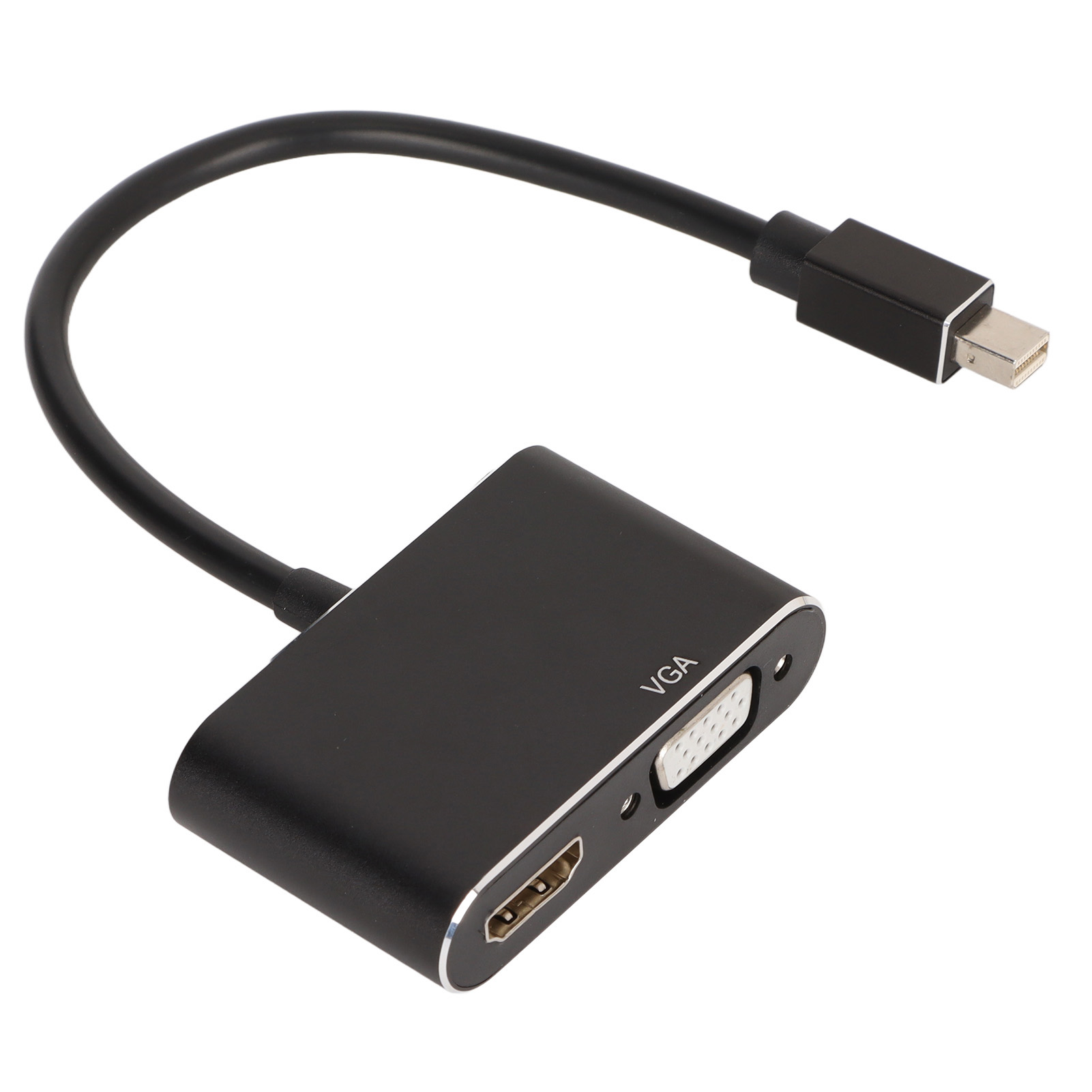 Ein schwarzer Adapter mit VGA-, HDMI-Anschluss und Mini-DisplayPort-Anschluss, verbunden durch ein schwarzes Kabel.