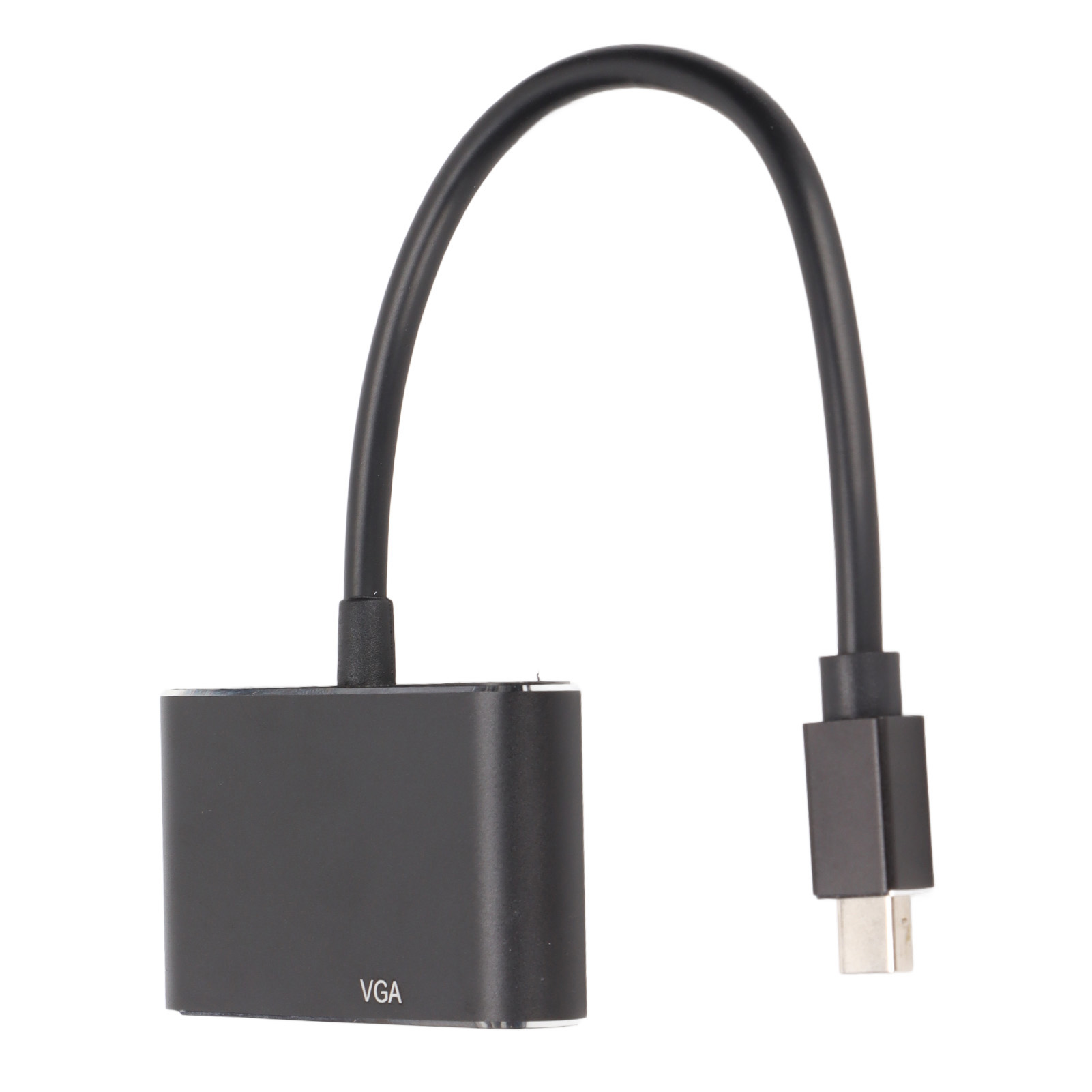 Schwarzer Adapter mit USB-C-Anschluss und VGA-Anschluss. Das Kabel wölbt sich über dem Adapter. Isoliert auf Weiß.
