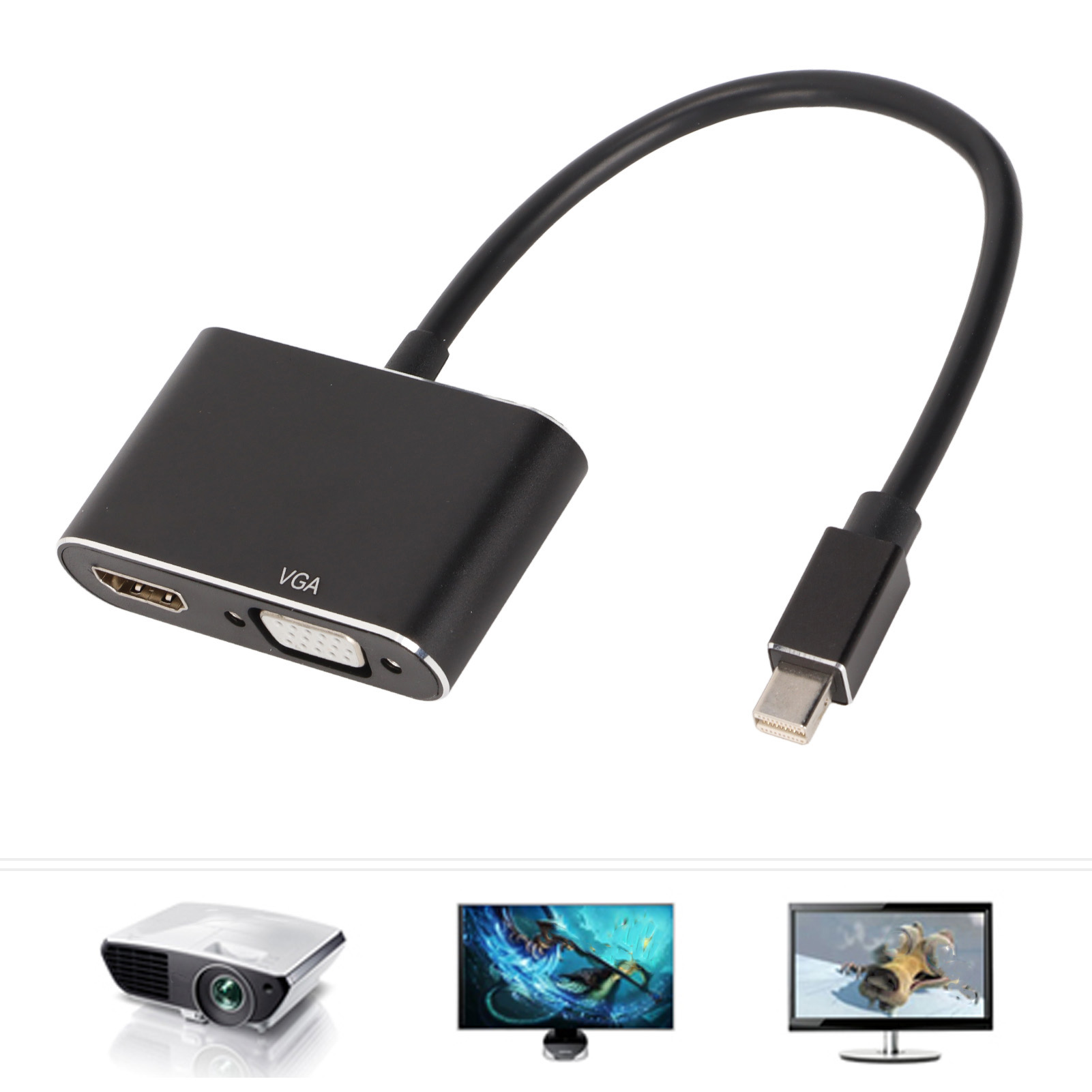 Schwarzer Adapter mit HDMI-, VGA- und Mini-DisplayPort-Anschlüssen. Kabel verbindet die Anschlüsse. Projektor und Monitore im Hintergrund.