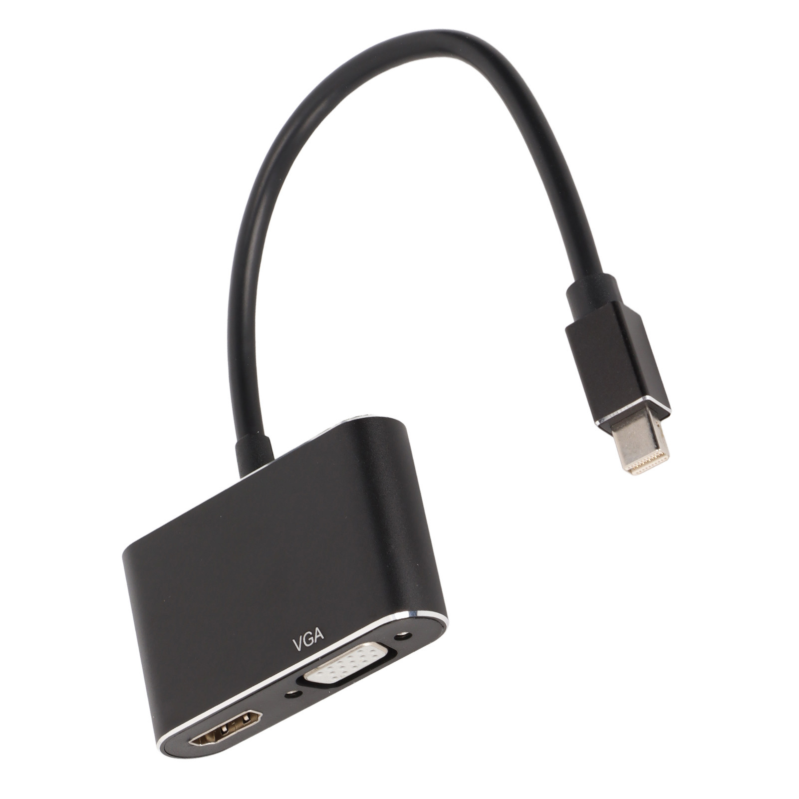 Ein schwarzer Adapter mit einem Typ-C-Anschluss und VGA-, HDMI-Anschlüssen. Ein schwarzes Kabel verbindet die Anschlüsse. Isoliert auf Weiß.