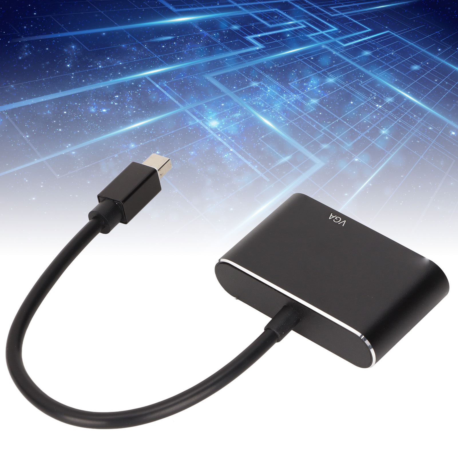 Ein schwarzer VGA-Adapter mit USB-C-Anschluss. Der Hintergrund ist ein blauer Farbverlauf mit Netzwerkdesign.