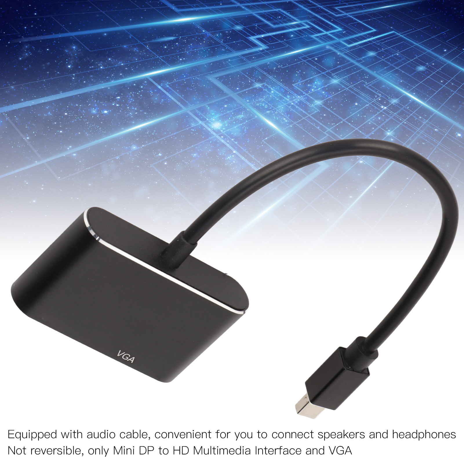 Schwarzer Adapter mit Kabel. Es hat ein VGA-Etikett. Der Hintergrund ist blau mit Linien und Sternen.