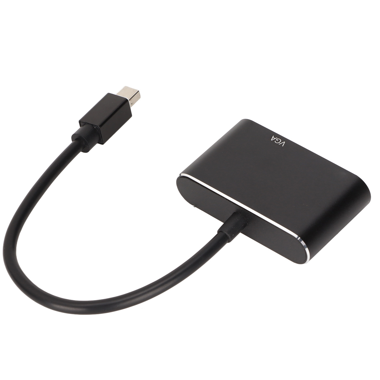 Ein schwarzer USB-C-zu-VGA-Adapter. Es hat ein schwarzes Kabel, das mit einem schwarzen rechteckigen Adapter verbunden ist.