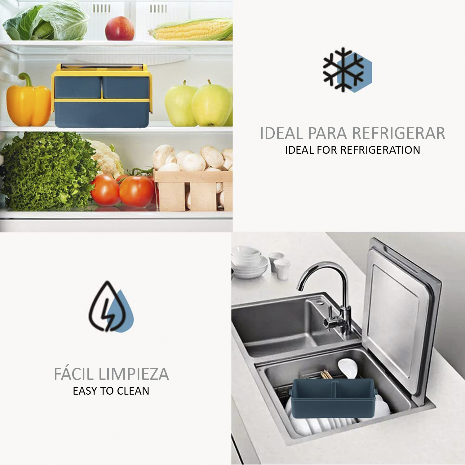 Un refrigerador con verduras y frutas. Un contenedor y texto sobre refrigeración y fácil limpieza. También hay un fregadero con un contenedor.