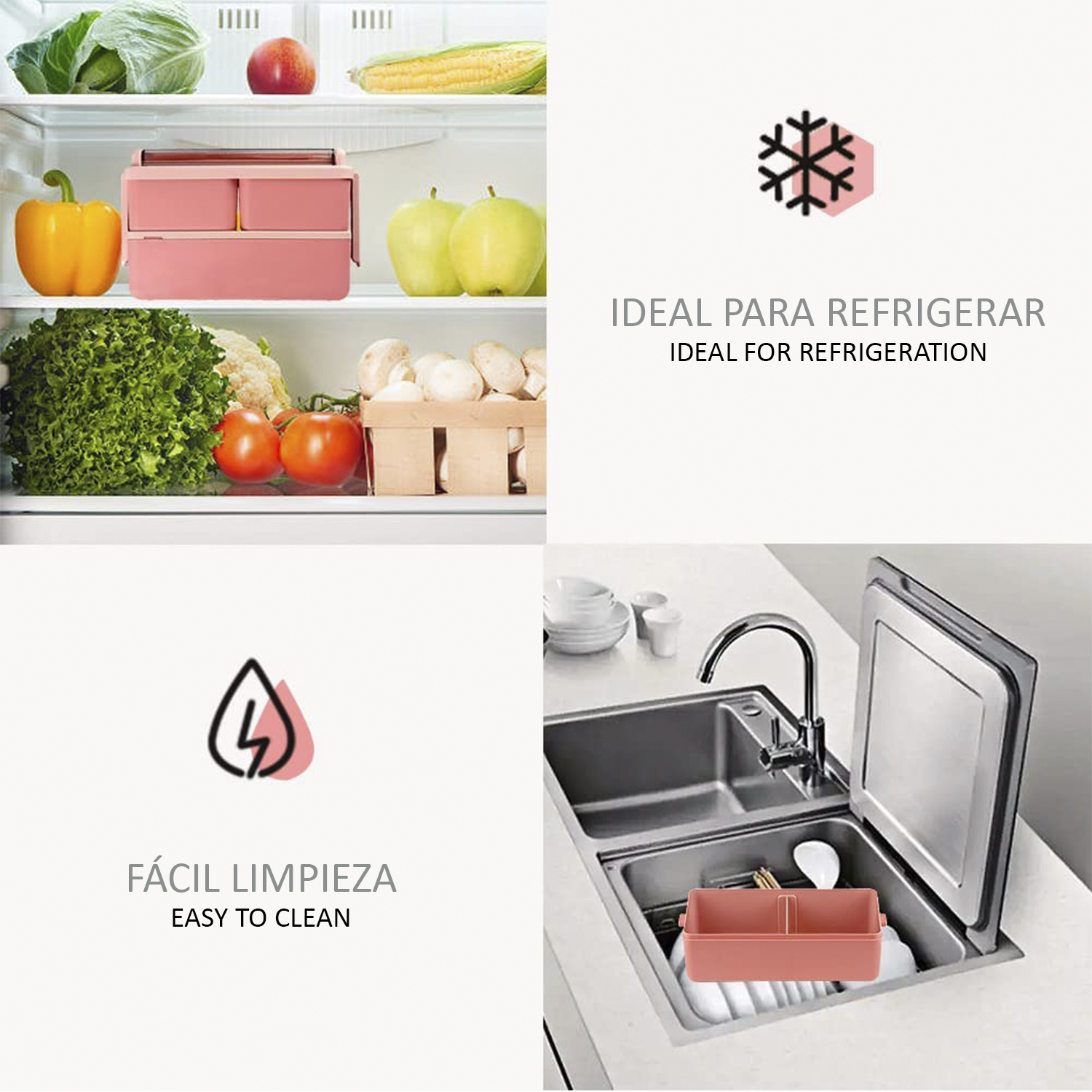 Un frigorifero con cibo e un contenitore rosa. Testo: ideale per la refrigerazione, facile da pulire. Un lavandino con un contenitore.