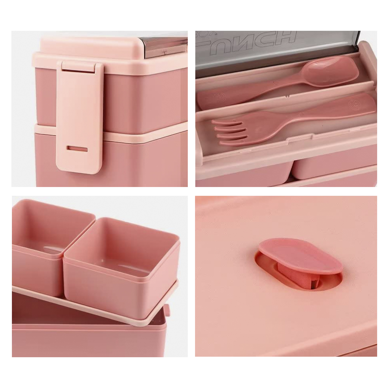 Un portapranzo rosa con coperchio, clip e scomparti. Include cucchiaio, forchetta e piccoli contenitori. L'interno ha contenitori per alimenti.