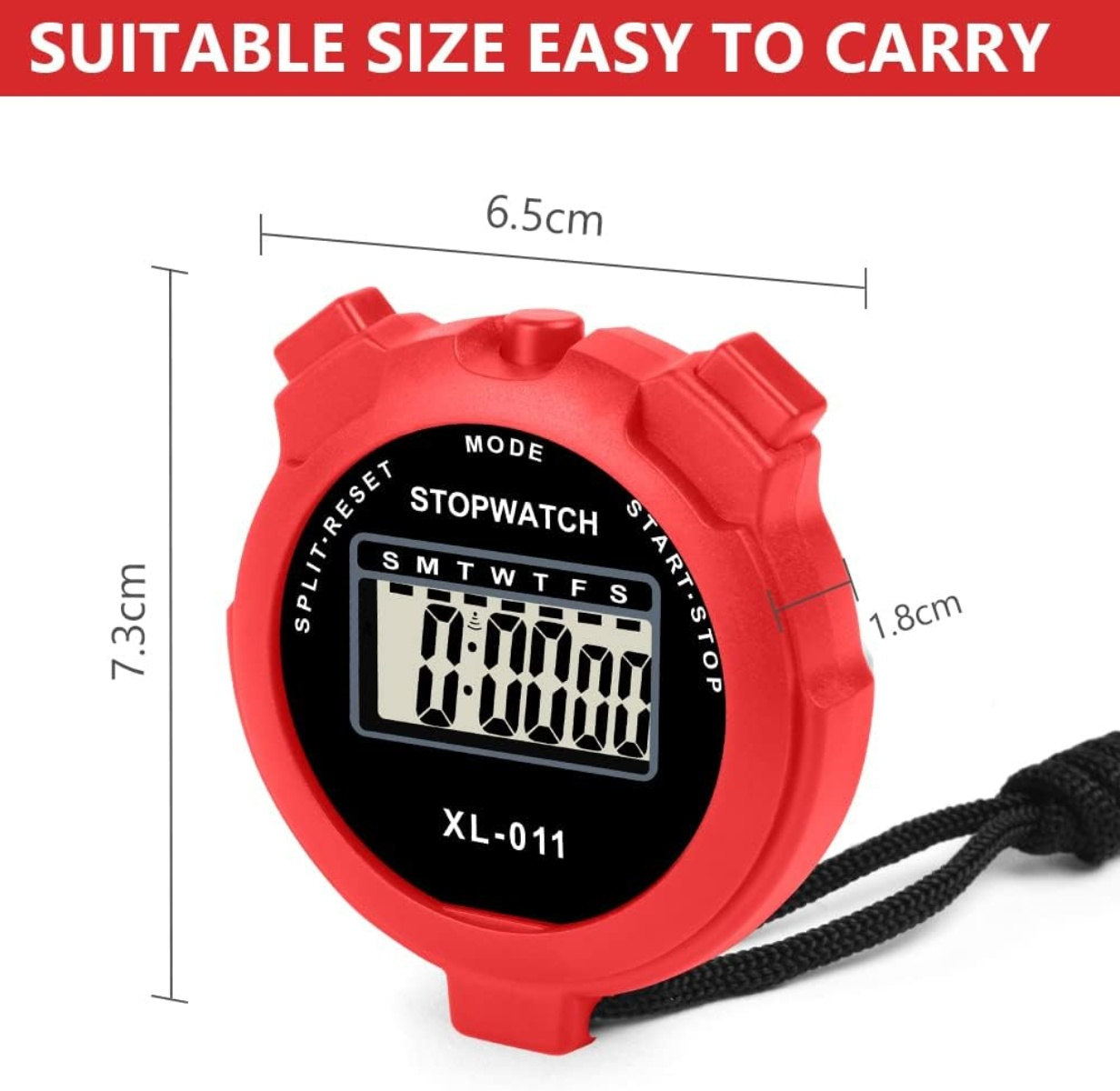 Eine rote Stoppuhr mit Digitalanzeige 0:00:00. Abmessungen: 7,3 cm Höhe, 6,5 cm Breite und 1,8 cm Dicke.