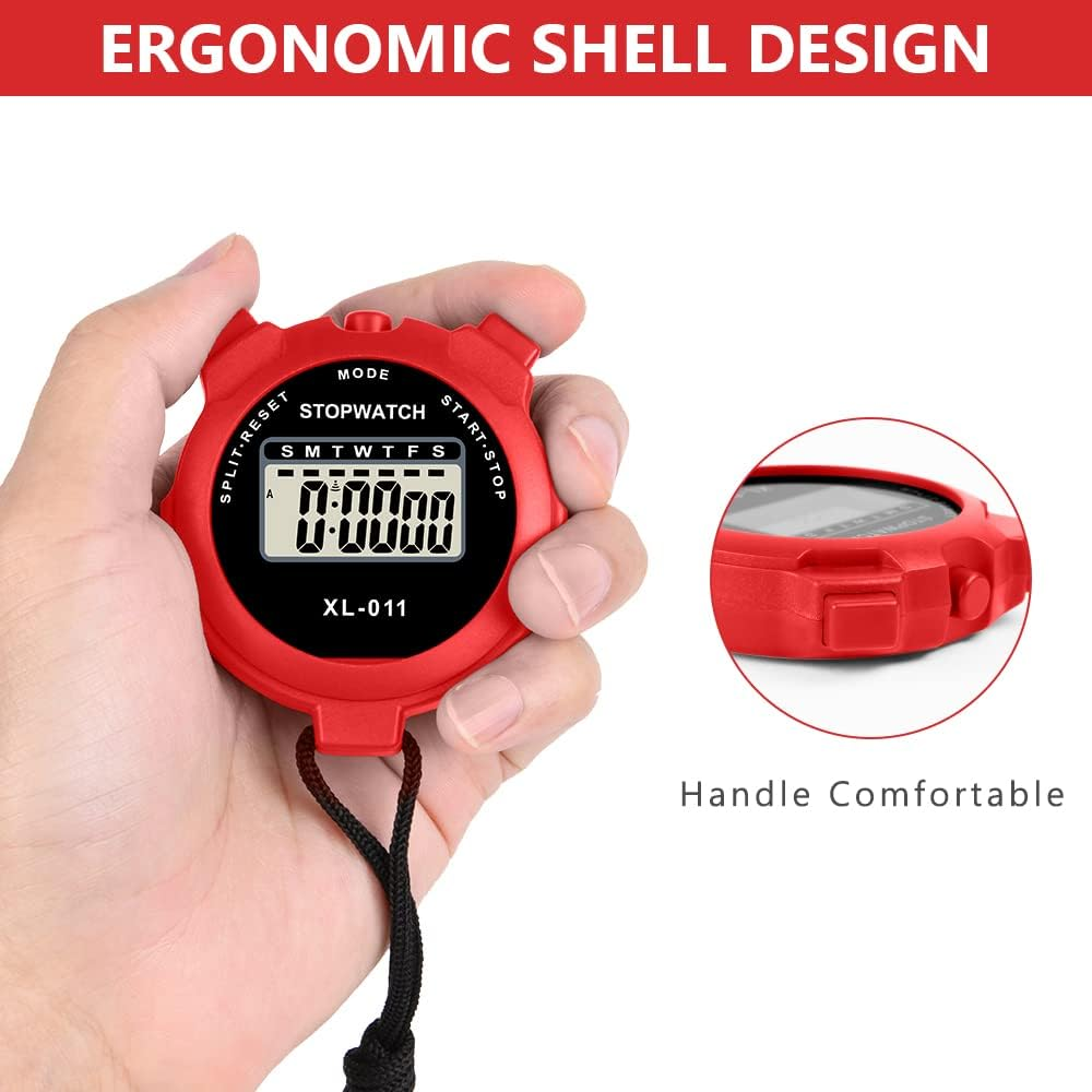 Eine rote Stoppuhr wird in der Hand gehalten. Text auf der Uhr: Stoppuhr, 0:00:00. Text im Bild: Ergonomisches Schalendesign, angenehm zu handhaben.